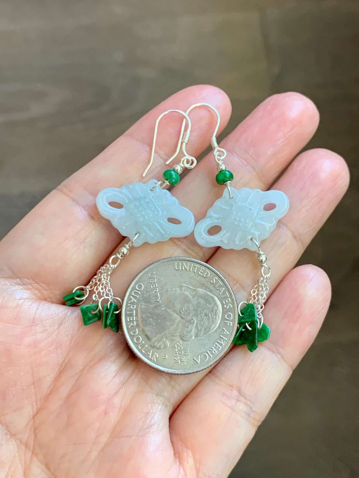 Natural Grade A Icy Translucent White Jade Jadeite Drum Chinese Knot Hot Green Jadeite Dangle Earrings Sterling Silver 天然白冰翡翠中国结碎碎耳钩 SGY88C