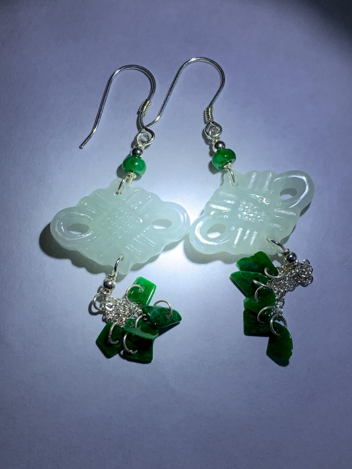 Natural Grade A Icy Translucent White Jade Jadeite Drum Chinese Knot Hot Green Jadeite Dangle Earrings Sterling Silver 天然白冰翡翠中国结碎碎耳钩 SGY88C