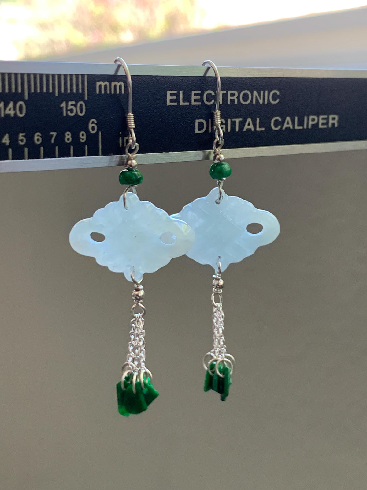 Natural Grade A Icy Translucent White Jade Jadeite Drum Chinese Knot Hot Green Jadeite Dangle Earrings Sterling Silver 天然白冰翡翠中国结碎碎耳钩 SGY88C