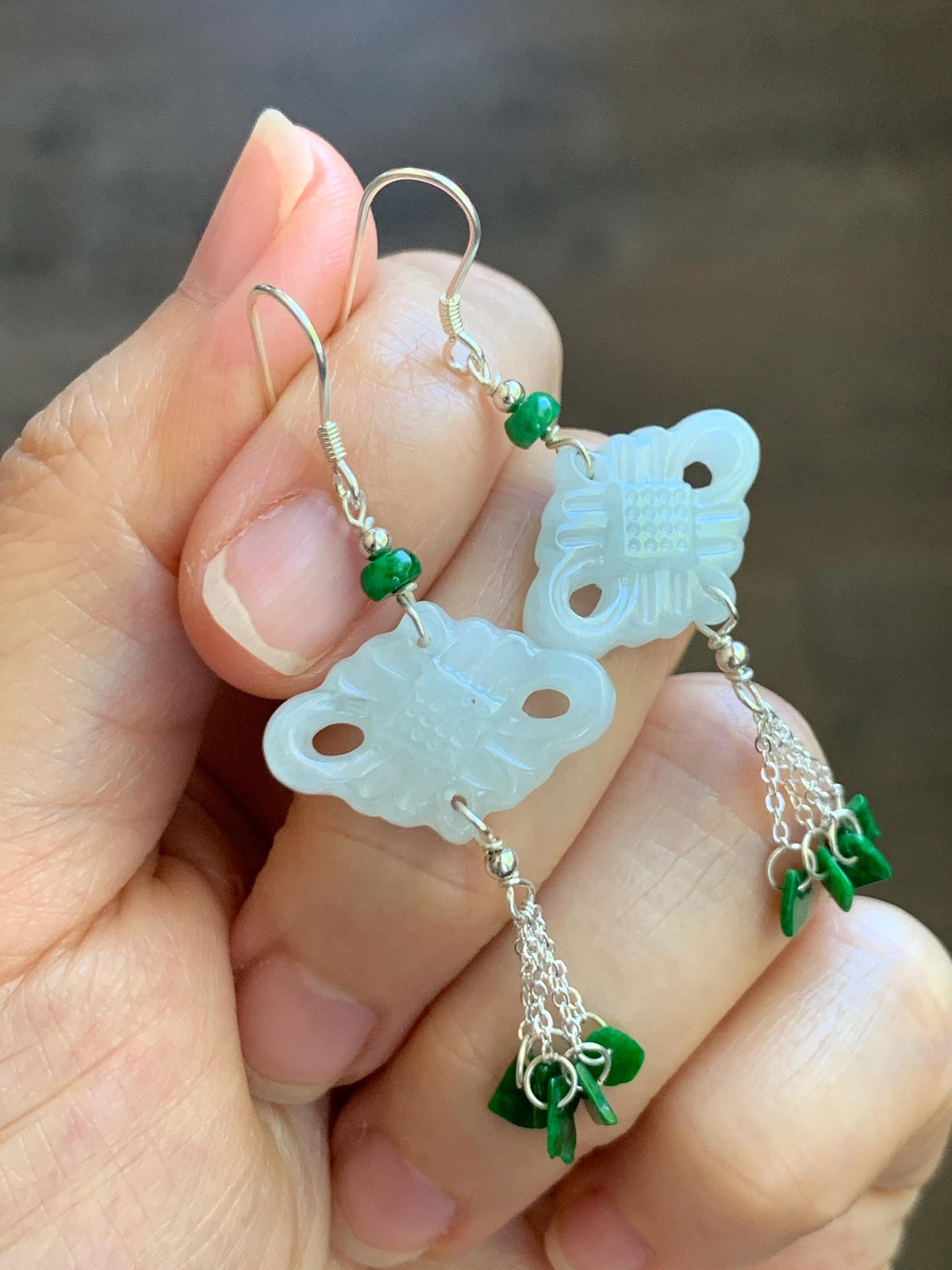 Natural Grade A Icy Translucent White Jade Jadeite Drum Chinese Knot Hot Green Jadeite Dangle Earrings Sterling Silver 天然白冰翡翠中国结碎碎耳钩 SGY88C