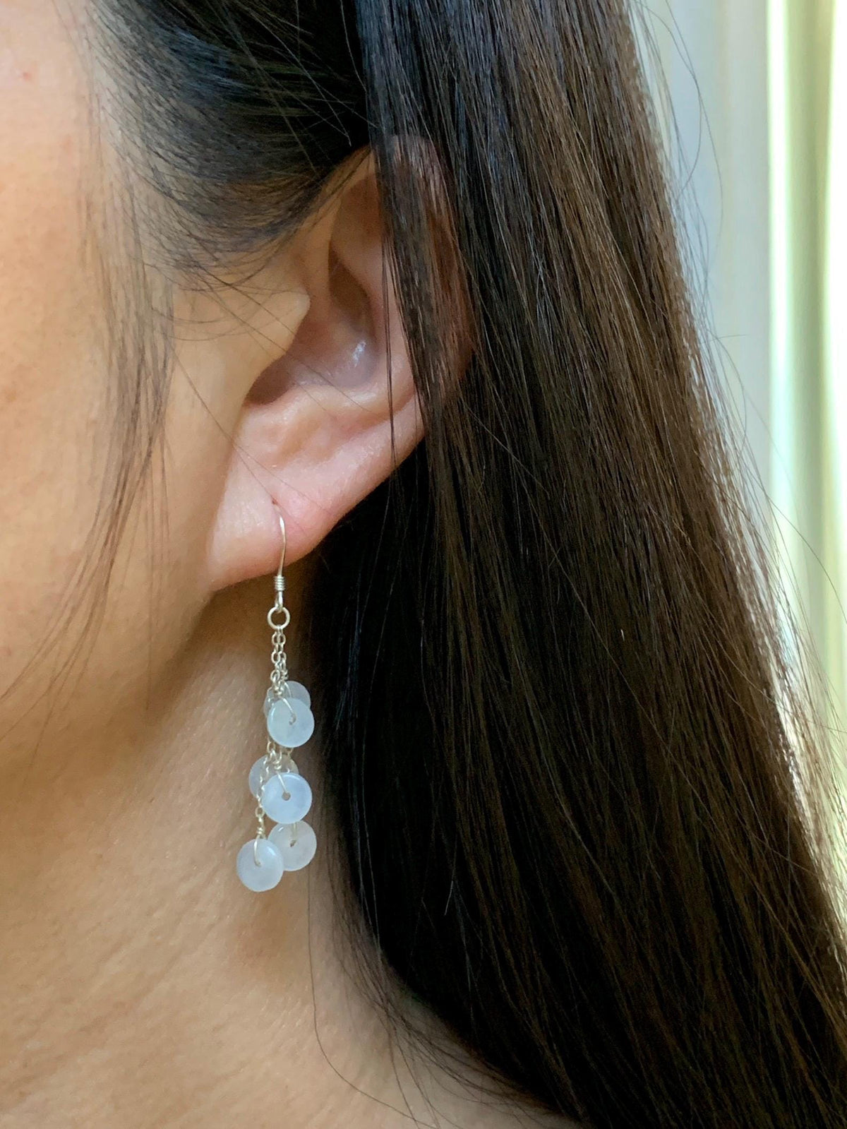 Natural Grade A Icy Highly Translucent White Jade Jadeite Mini Donut Dangle Earrings Sterling Silver 天然白冰翡翠平安扣珠耳钩 SGY88D