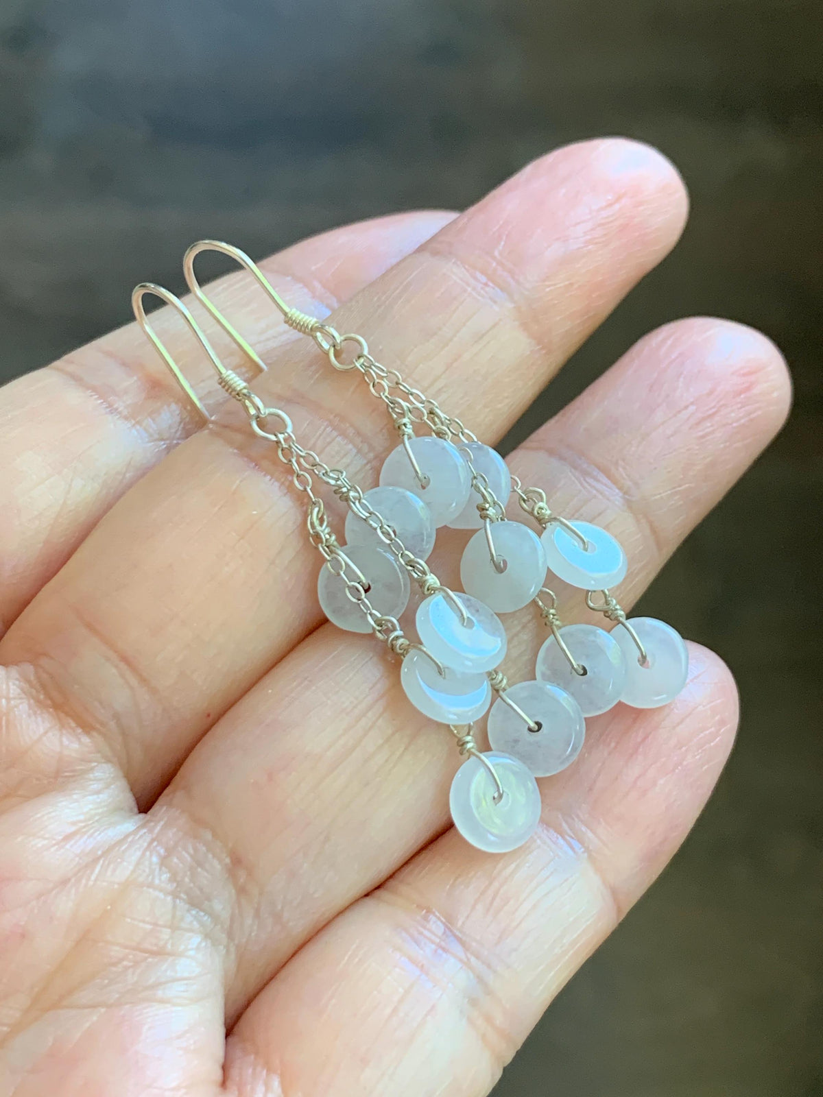 Natural Grade A Icy Highly Translucent White Jade Jadeite Mini Donut Dangle Earrings Sterling Silver 天然白冰翡翠平安扣珠耳钩 SGY88D