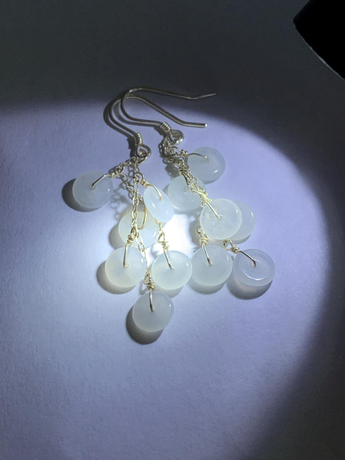 Natural Grade A Icy Highly Translucent White Jade Jadeite Mini Donut Dangle Earrings Sterling Silver 天然白冰翡翠平安扣珠耳钩 SGY88D