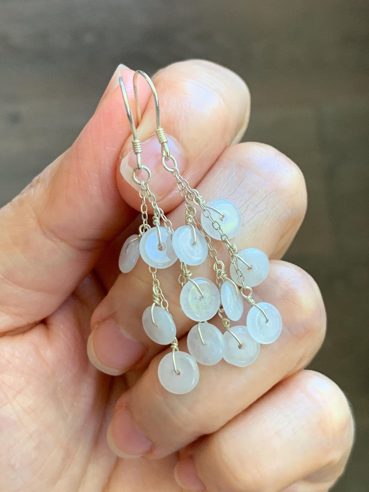 Natural Grade A Icy Highly Translucent White Jade Jadeite Mini Donut Dangle Earrings Sterling Silver 天然白冰翡翠平安扣珠耳钩 SGY88D