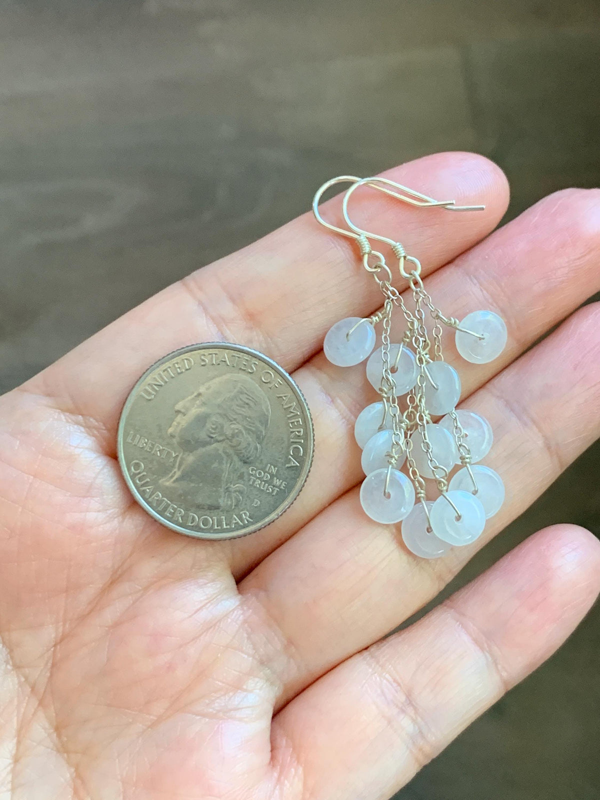 Natural Grade A Icy Highly Translucent White Jade Jadeite Mini Donut Dangle Earrings Sterling Silver 天然白冰翡翠平安扣珠耳钩 SGY88D