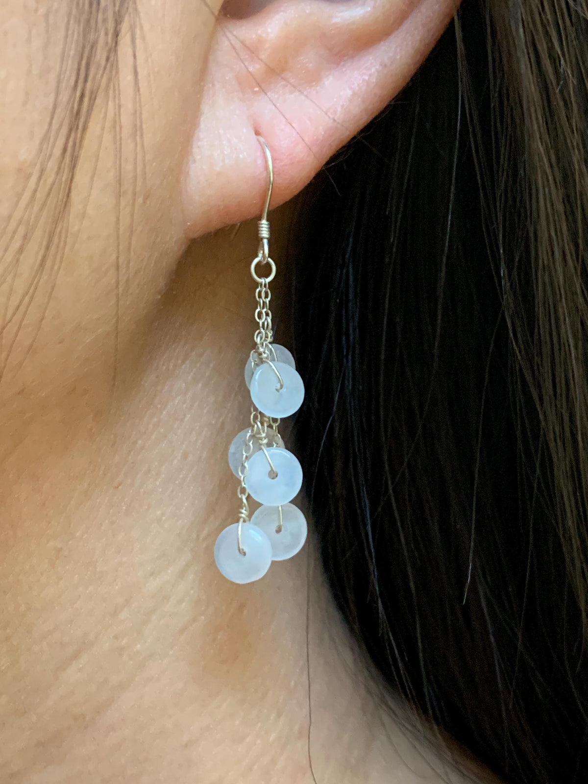 Natural Grade A Icy Highly Translucent White Jade Jadeite Mini Donut Dangle Earrings Sterling Silver 天然白冰翡翠平安扣珠耳钩 SGY88D