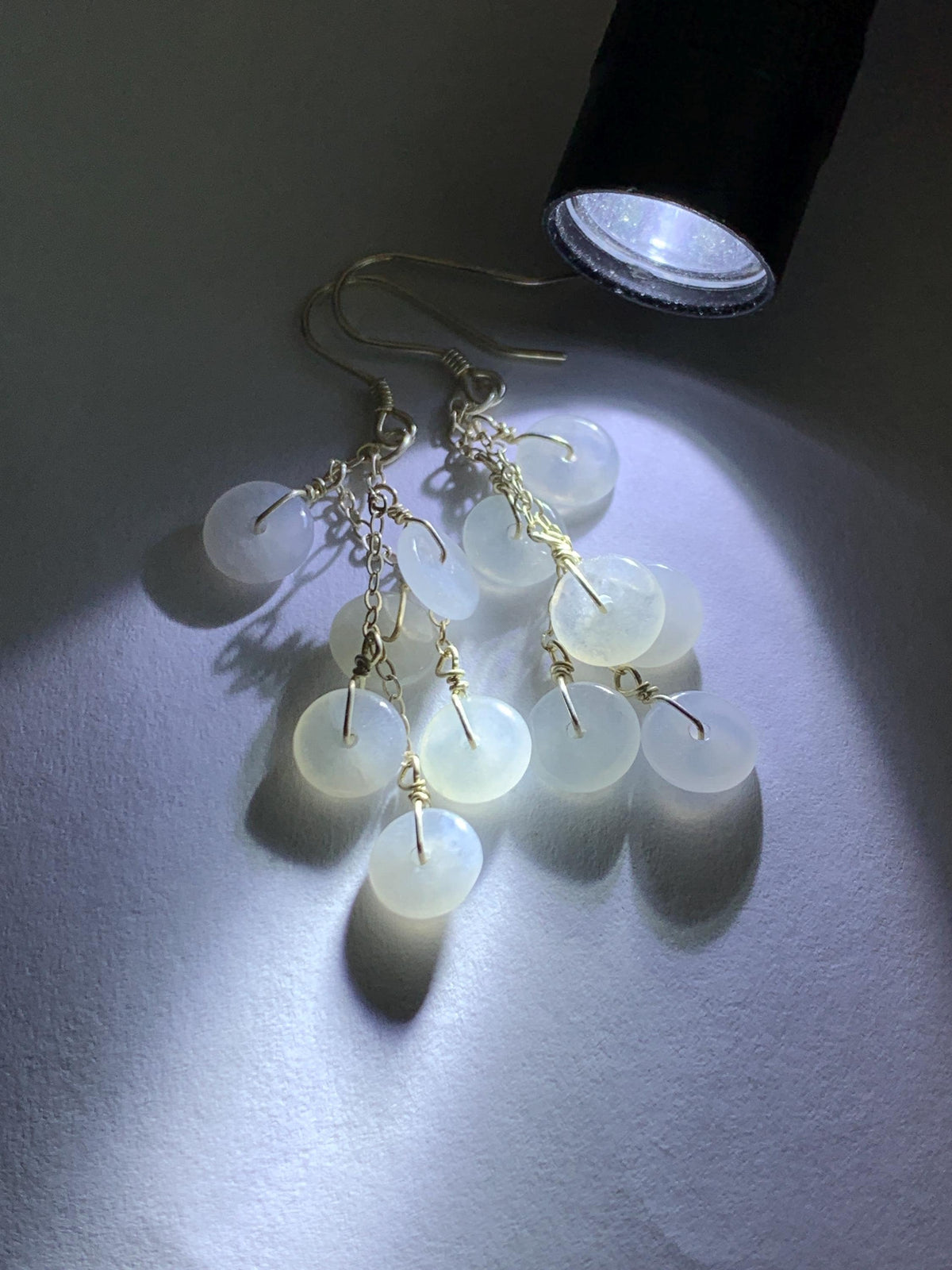 Natural Grade A Icy Highly Translucent White Jade Jadeite Mini Donut Dangle Earrings Sterling Silver 天然白冰翡翠平安扣珠耳钩 SGY88D