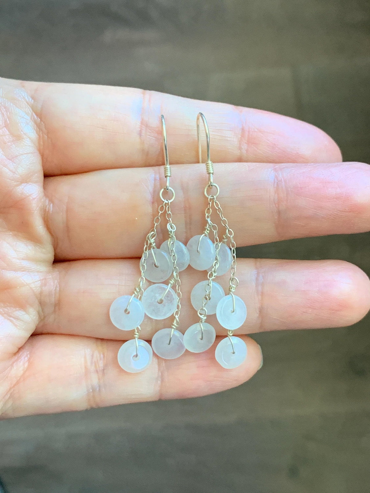 Natural Grade A Icy Highly Translucent White Jade Jadeite Mini Donut Dangle Earrings Sterling Silver 天然白冰翡翠平安扣珠耳钩 SGY88D