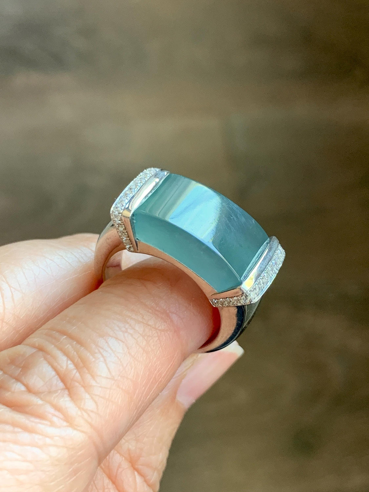 Certified Natural Grade A Guatemalan Icy Translucent Teal Blue Jade Jadeite Saddle Ring Sterling Silver Size 7.25 US 13.66g 天然冰危蓝翡翠马鞍戒指 1023