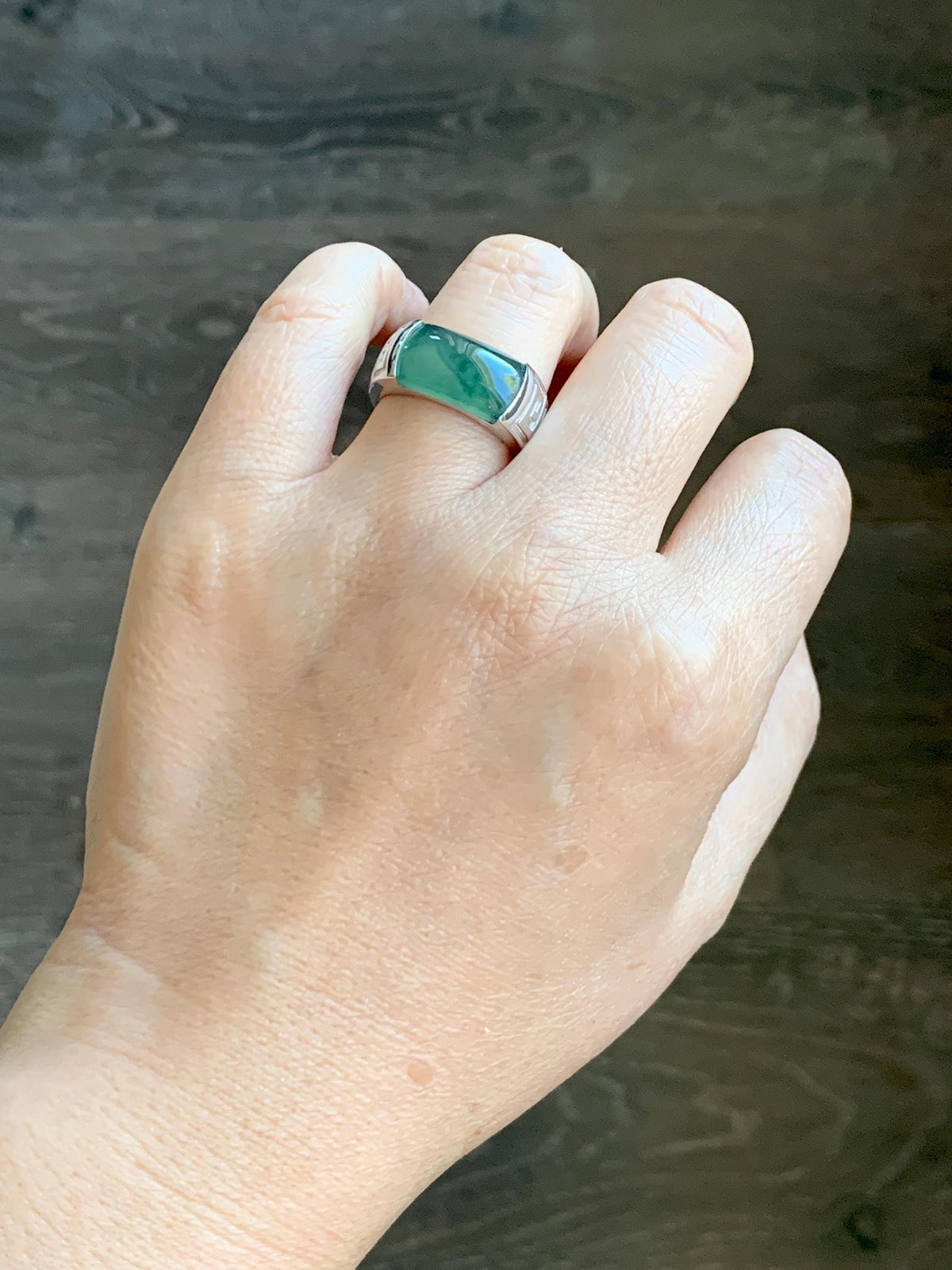 Certified Natural Grade A Guatemalan Icy Teal Green Marbled Jade Jadeite Saddle Ring Sterling Silver Size 7 US 9.31g 天然冰危蓝绿飘花翡翠马鞍戒指 1026