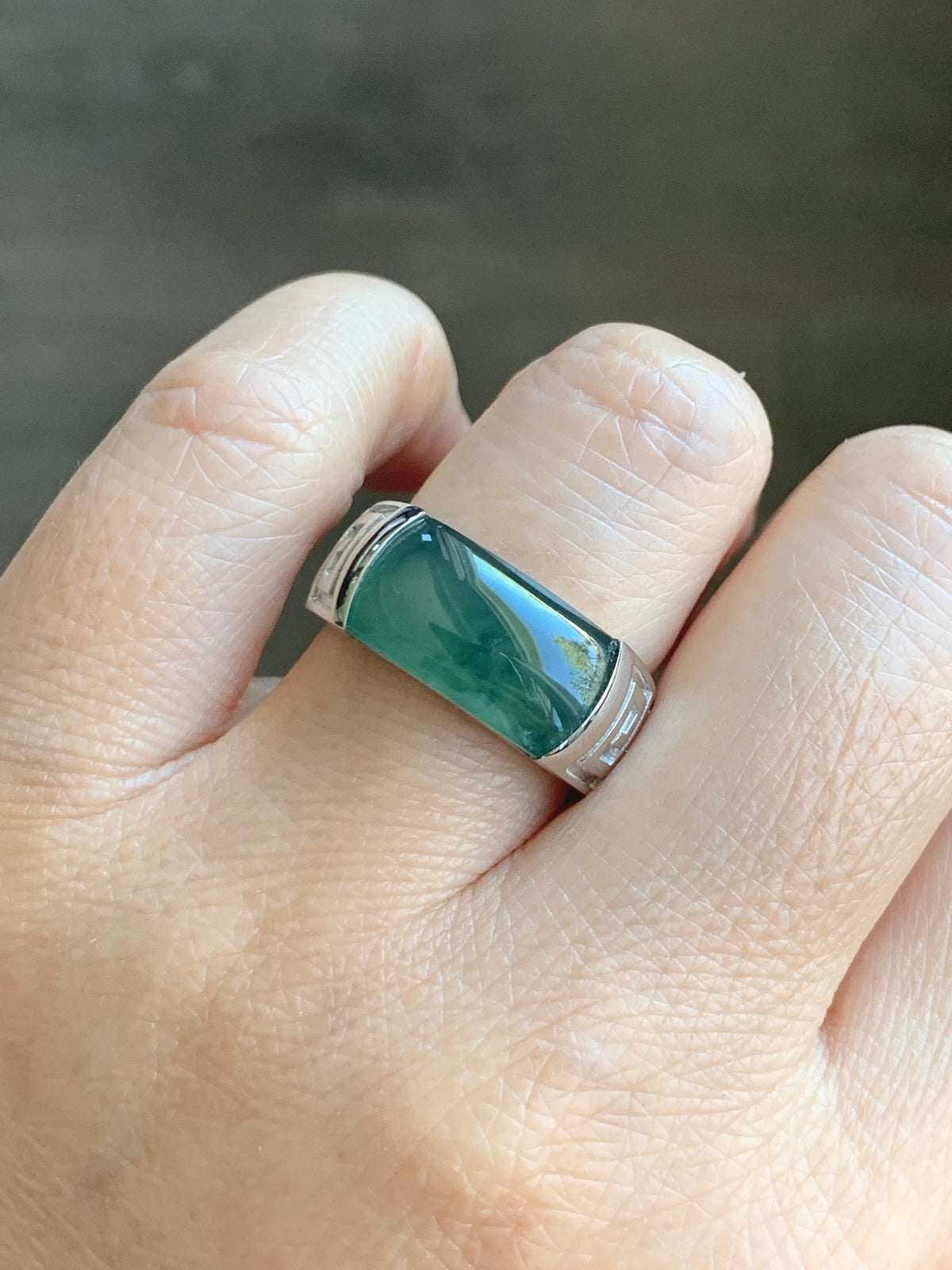 Certified Natural Grade A Guatemalan Icy Teal Green Marbled Jade Jadeite Saddle Ring Sterling Silver Size 7 US 9.31g 天然冰危蓝绿飘花翡翠马鞍戒指 1026
