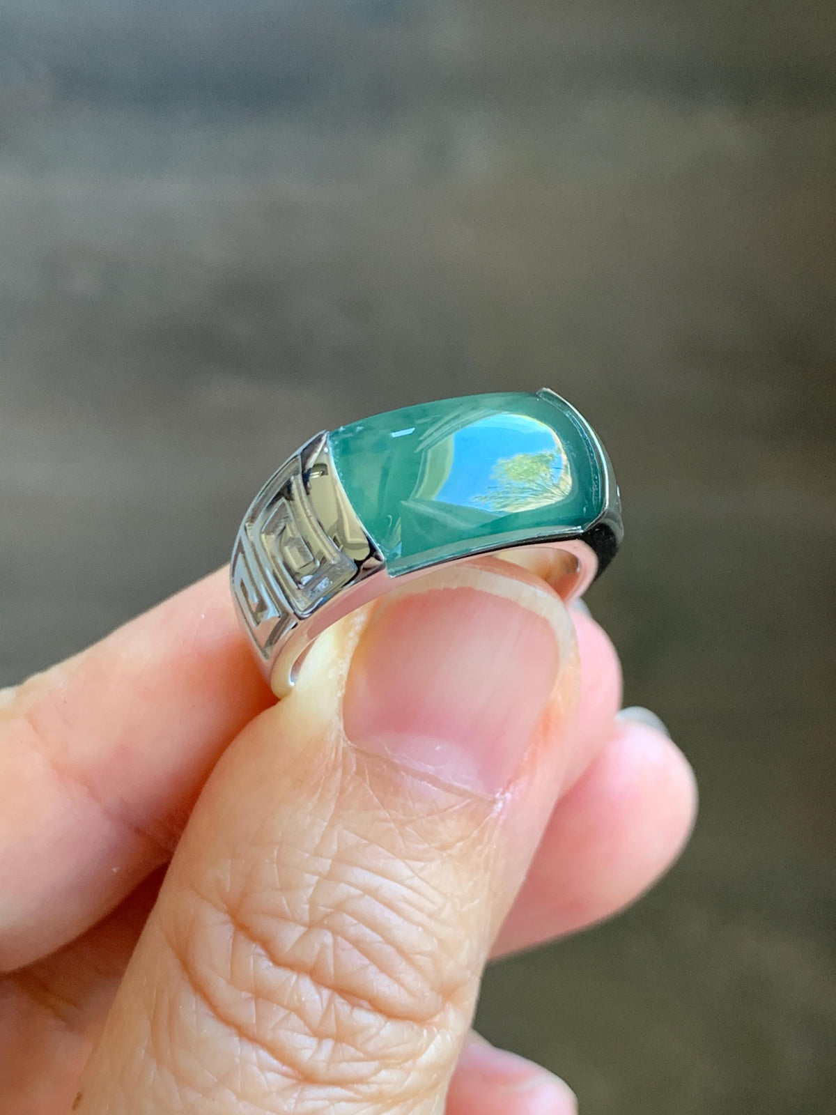 Certified Natural Grade A Guatemalan Icy Teal Green Marbled Jade Jadeite Saddle Ring Sterling Silver Size 7 US 9.31g 天然冰危蓝绿飘花翡翠马鞍戒指 1026