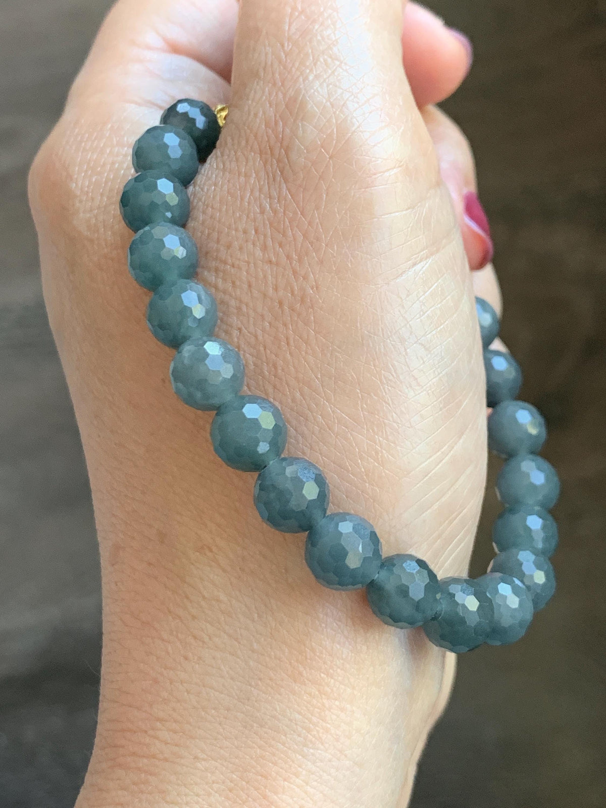 Natural Guatemalan Grade A Icy Translucent Dark Gray Wuji Faceted Jade Jadeite Beaded Bracelet 8mm 7.5" 20g 天然冰危乌鸡翡翠切割面圆珠手串 WQG180A