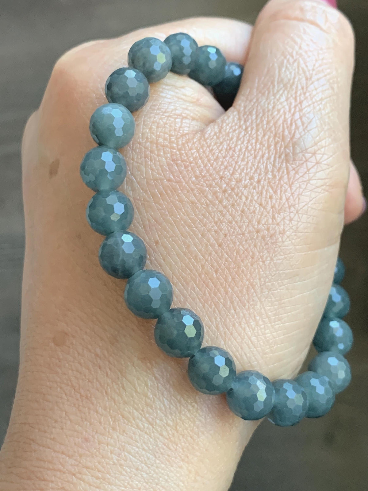 Natural Guatemalan Grade A Icy Translucent Dark Gray Wuji Faceted Jade Jadeite Beaded Bracelet 8mm 7.5" 20g 天然冰危乌鸡翡翠切割面圆珠手串 WQG180A