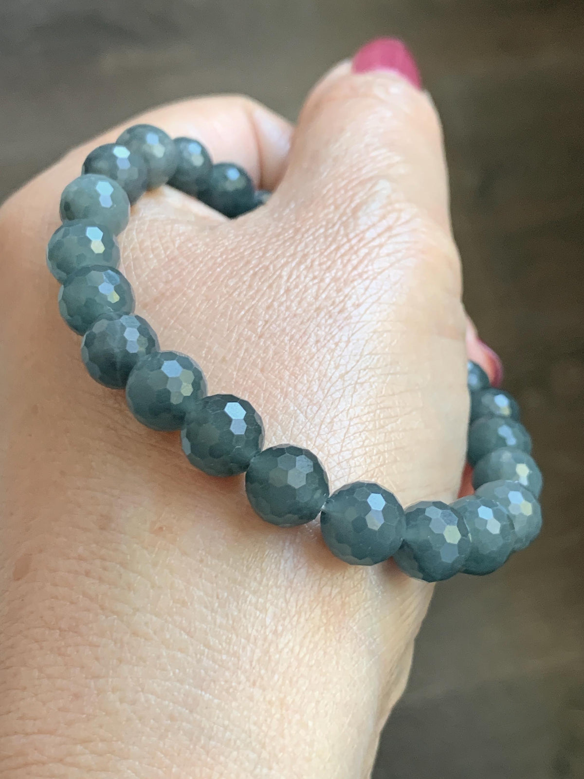 Natural Guatemalan Grade A Icy Translucent Dark Gray Wuji Faceted Jade Jadeite Beaded Bracelet 8mm 7.5" 20g 天然冰危乌鸡翡翠切割面圆珠手串 WQG180A