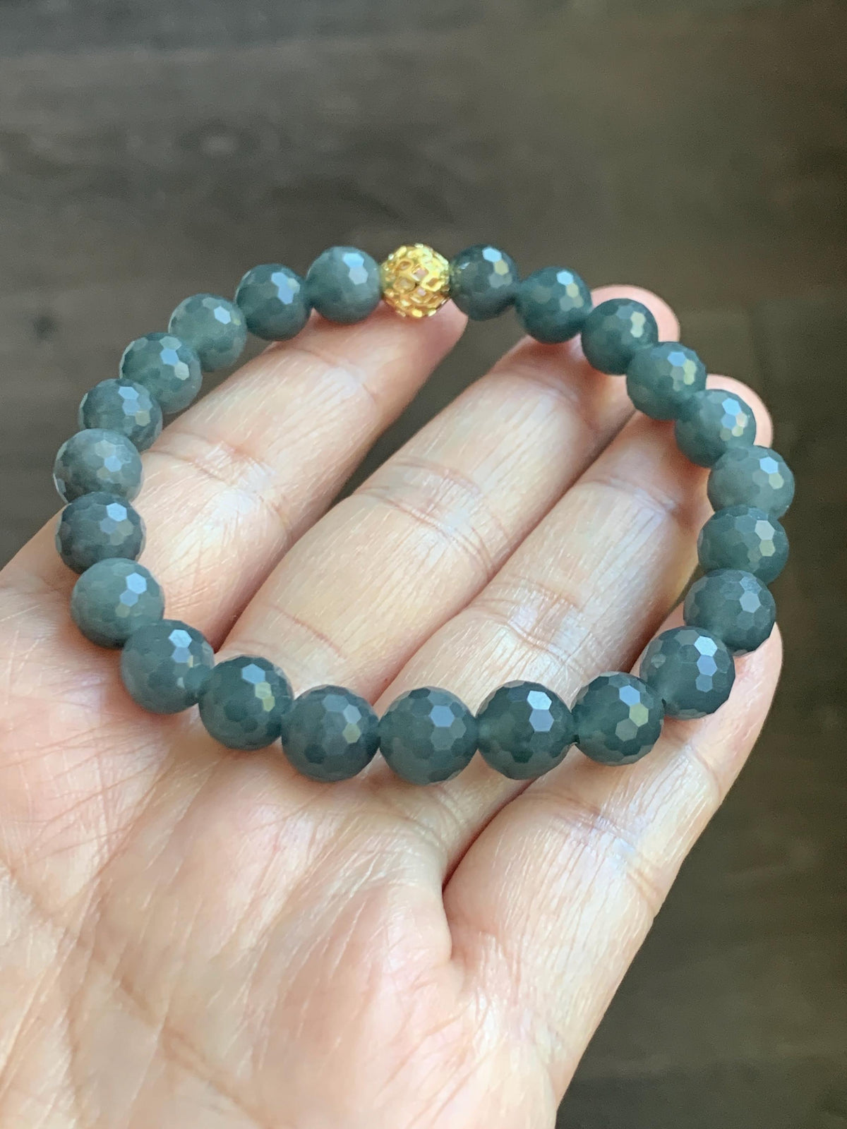 Natural Guatemalan Grade A Icy Translucent Dark Gray Wuji Faceted Jade Jadeite Beaded Bracelet 8mm 7.5" 20g 天然冰危乌鸡翡翠切割面圆珠手串 WQG180A