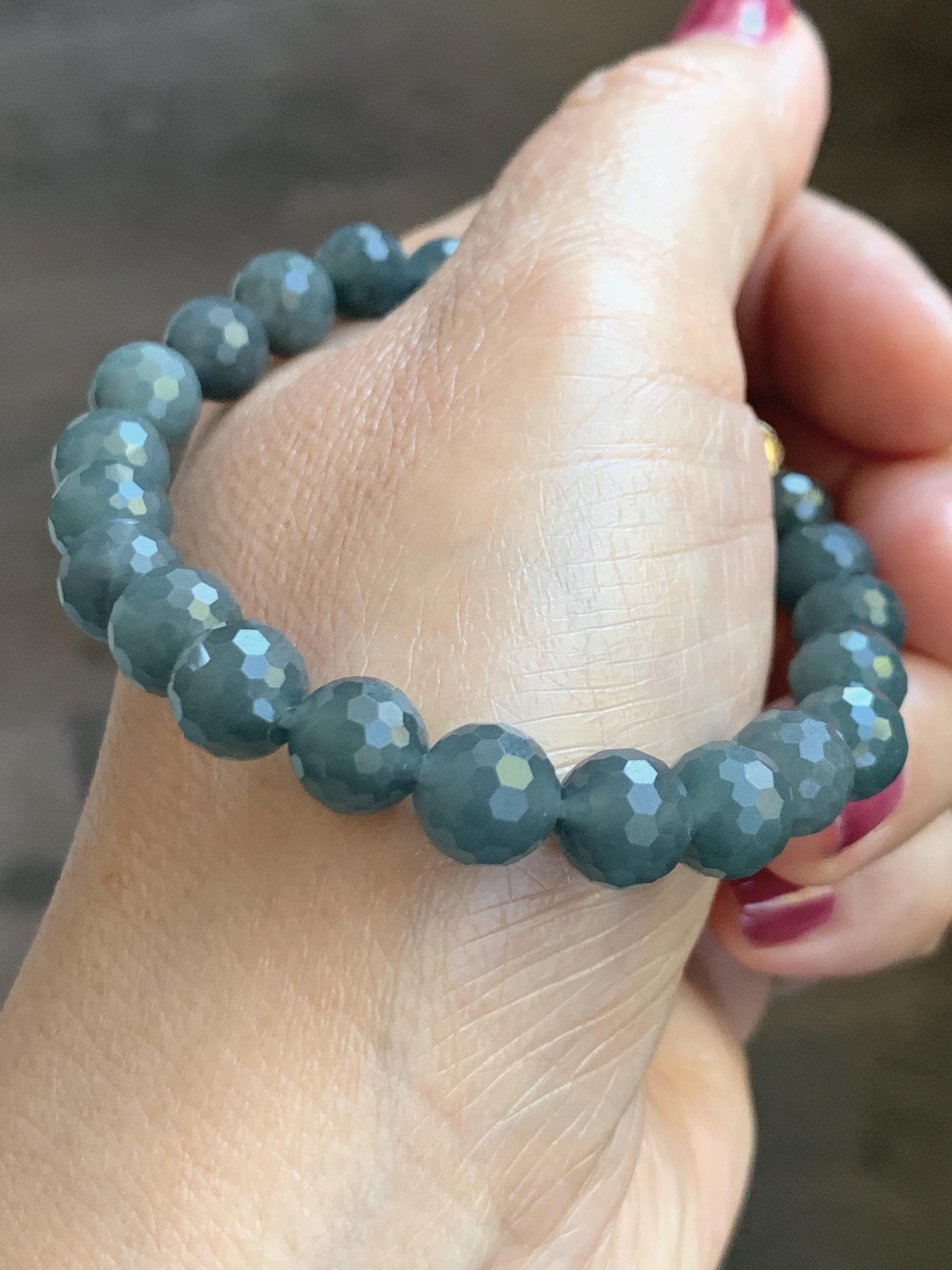 Natural Guatemalan Grade A Icy Translucent Dark Gray Wuji Faceted Jade Jadeite Beaded Bracelet 8mm 7.5" 20g 天然冰危乌鸡翡翠切割面圆珠手串 WQG180A