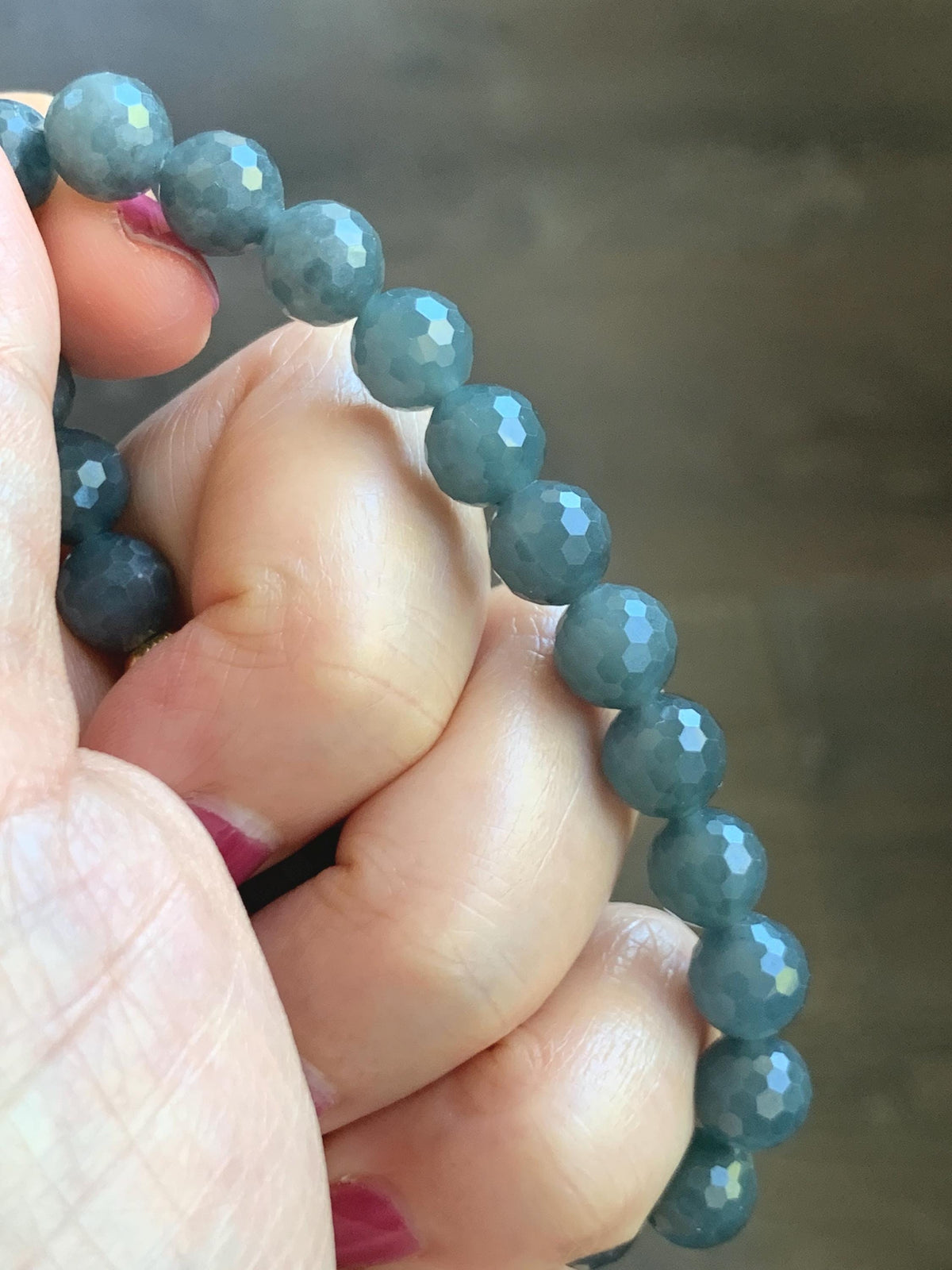 Natural Guatemalan Grade A Icy Translucent Dark Gray Wuji Faceted Jade Jadeite Beaded Bracelet 8mm 7.5" 20g 天然冰危乌鸡翡翠切割面圆珠手串 WQG180A