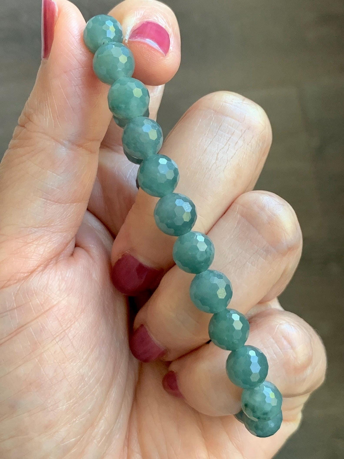 Natural Guatemalan Grade A Icy Translucent Dusty Teal Green Faceted Jade Jadeite Beaded Bracelet 8mm 7.5" 20g 天然冰危暗蓝绿翡翠切割面圆珠手串 WQG180B