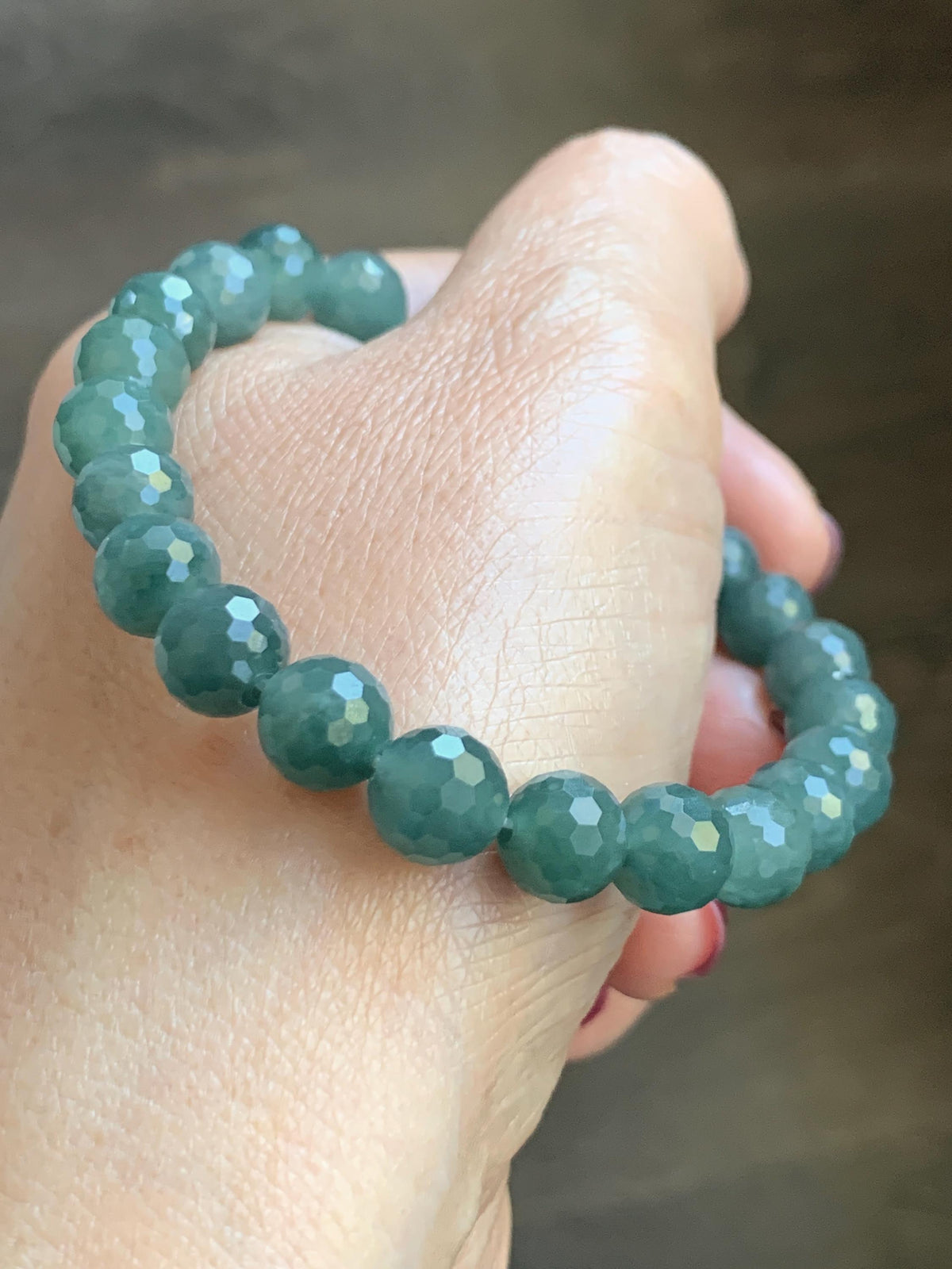 Natural Guatemalan Grade A Icy Translucent Dusty Teal Green Faceted Jade Jadeite Beaded Bracelet 8mm 7.5" 20g 天然冰危暗蓝绿翡翠切割面圆珠手串 WQG180B