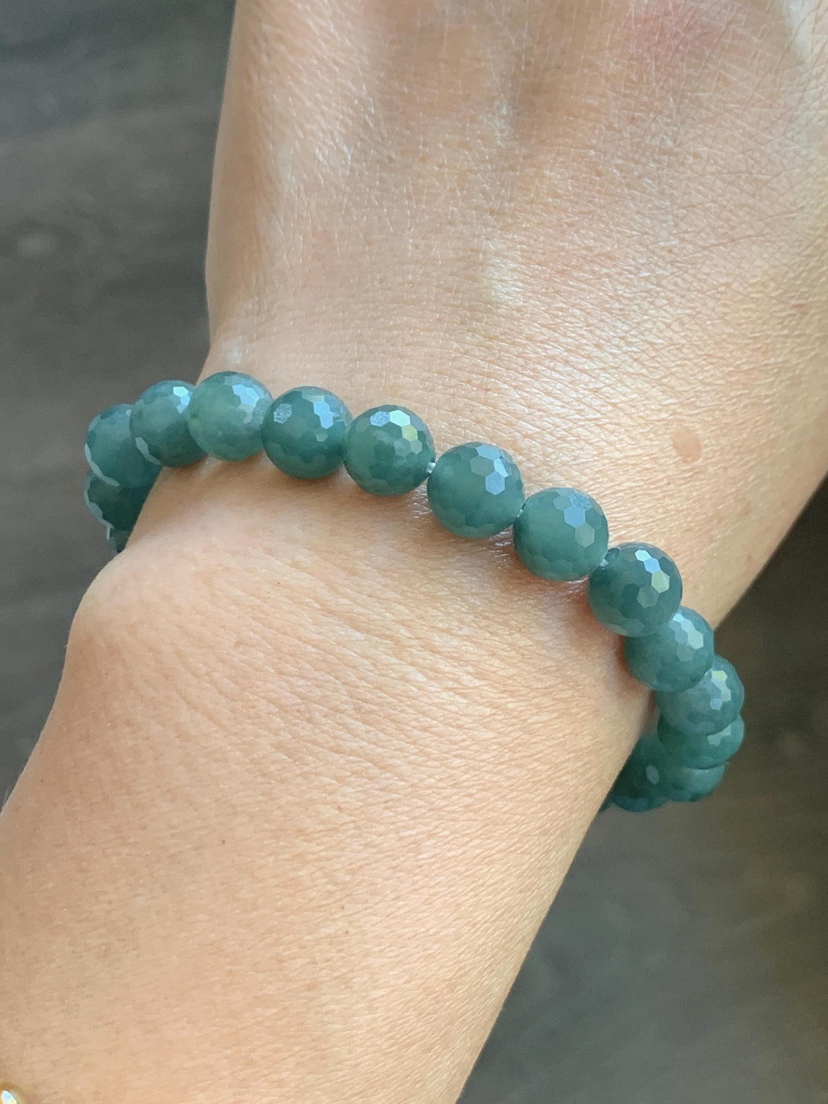 Natural Guatemalan Grade A Icy Translucent Dusty Teal Green Faceted Jade Jadeite Beaded Bracelet 8mm 7.5" 20g 天然冰危暗蓝绿翡翠切割面圆珠手串 WQG180B