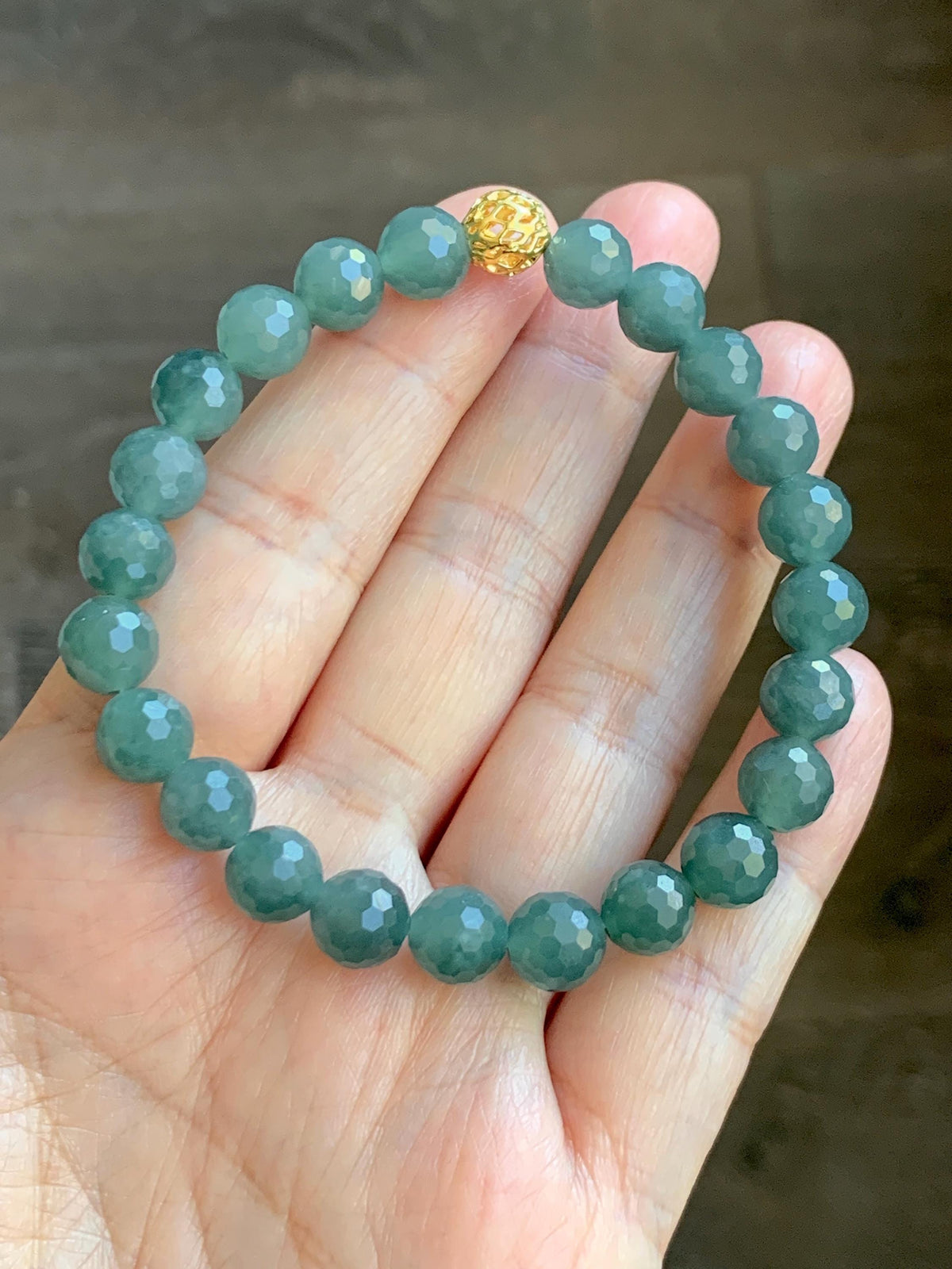 Natural Guatemalan Grade A Icy Translucent Dusty Teal Green Faceted Jade Jadeite Beaded Bracelet 8mm 7.5" 20g 天然冰危暗蓝绿翡翠切割面圆珠手串 WQG180B
