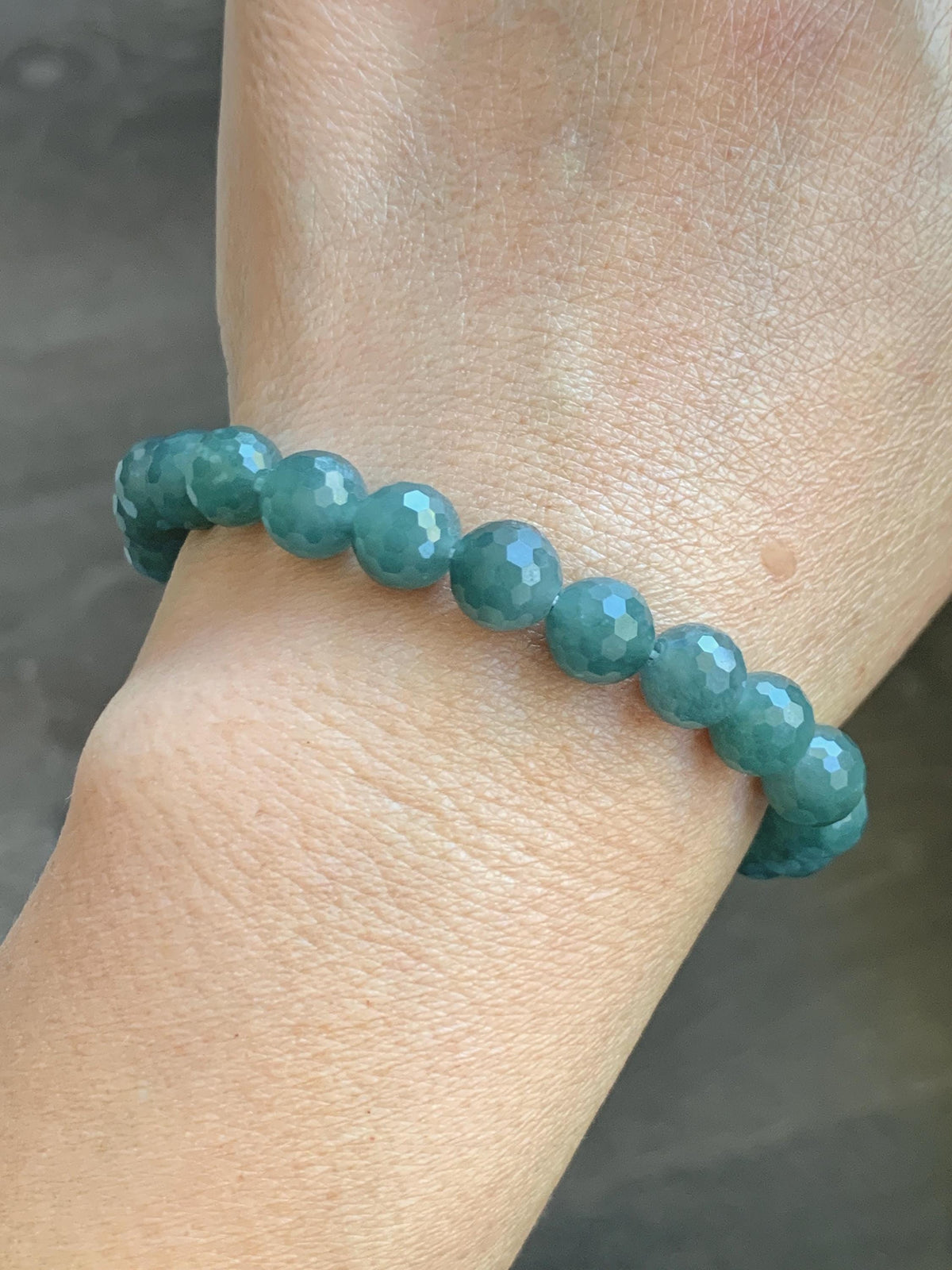 Natural Guatemalan Grade A Icy Translucent Dusty Teal Green Faceted Jade Jadeite Beaded Bracelet 8mm 7.5" 20g 天然冰危暗蓝绿翡翠切割面圆珠手串 WQG180B