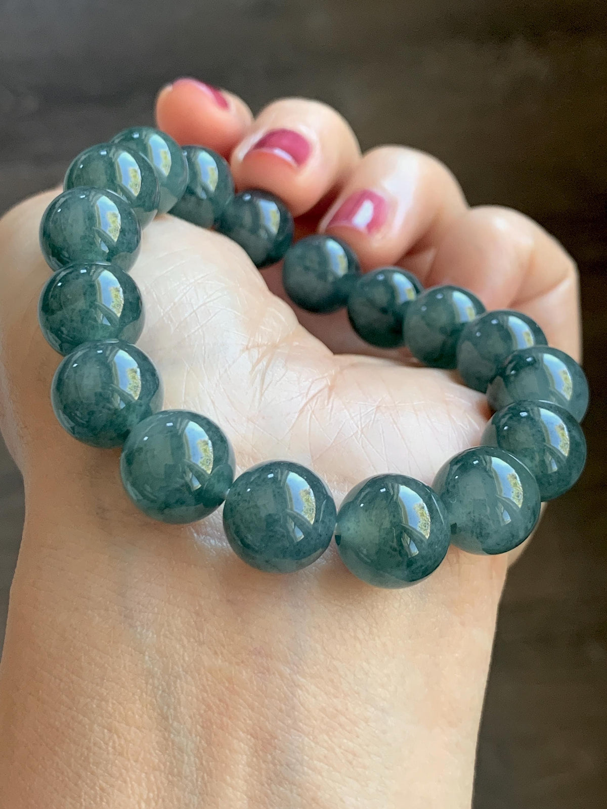 Certified Natural Grade A Guatemalan Icy Highly Translucent Teal Green Marble Jade Jadeite Beaded Bracelet 11.8mm 7.4” 48g 天然冰胶危蓝绿飘花翡翠手串 971