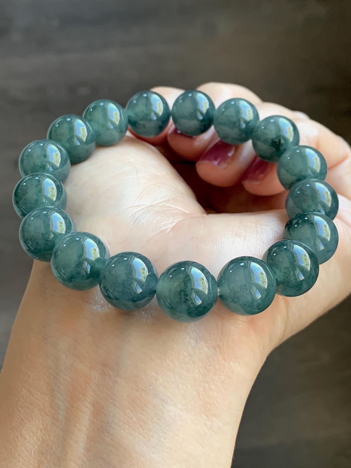 Certified Natural Grade A Guatemalan Icy Highly Translucent Teal Green Marble Jade Jadeite Beaded Bracelet 11.8mm 7.4” 48g 天然冰胶危蓝绿飘花翡翠手串 971