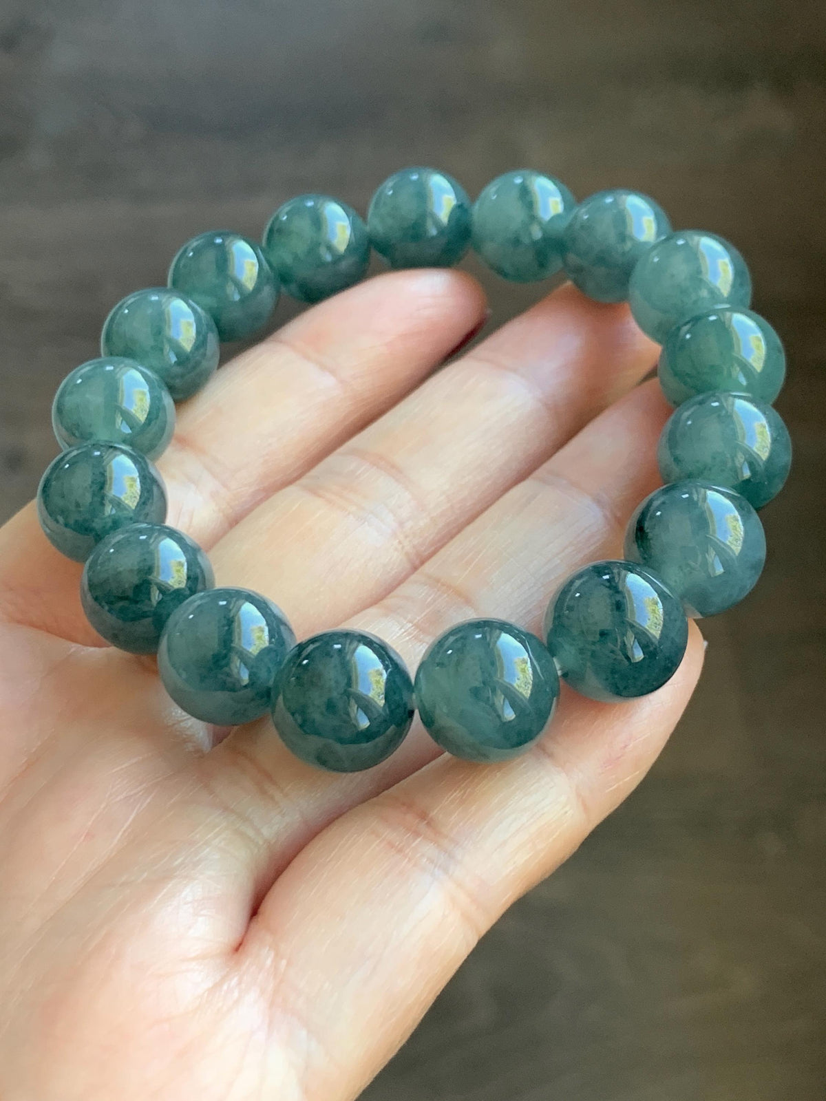 Certified Natural Grade A Guatemalan Icy Highly Translucent Teal Green Marble Jade Jadeite Beaded Bracelet 11.8mm 7.4” 48g 天然冰胶危蓝绿飘花翡翠手串 971