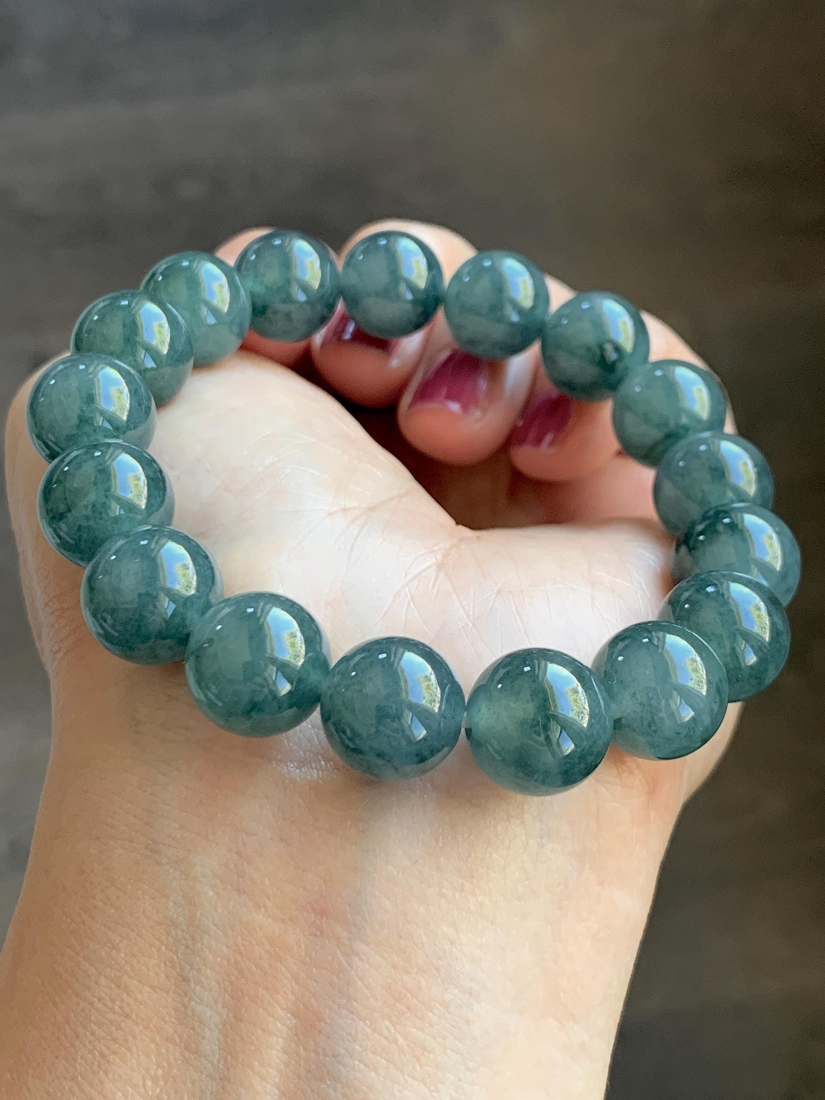 Certified Natural Grade A Guatemalan Icy Highly Translucent Teal Green Marble Jade Jadeite Beaded Bracelet 11.8mm 7.4” 48g 天然冰胶危蓝绿飘花翡翠手串 971