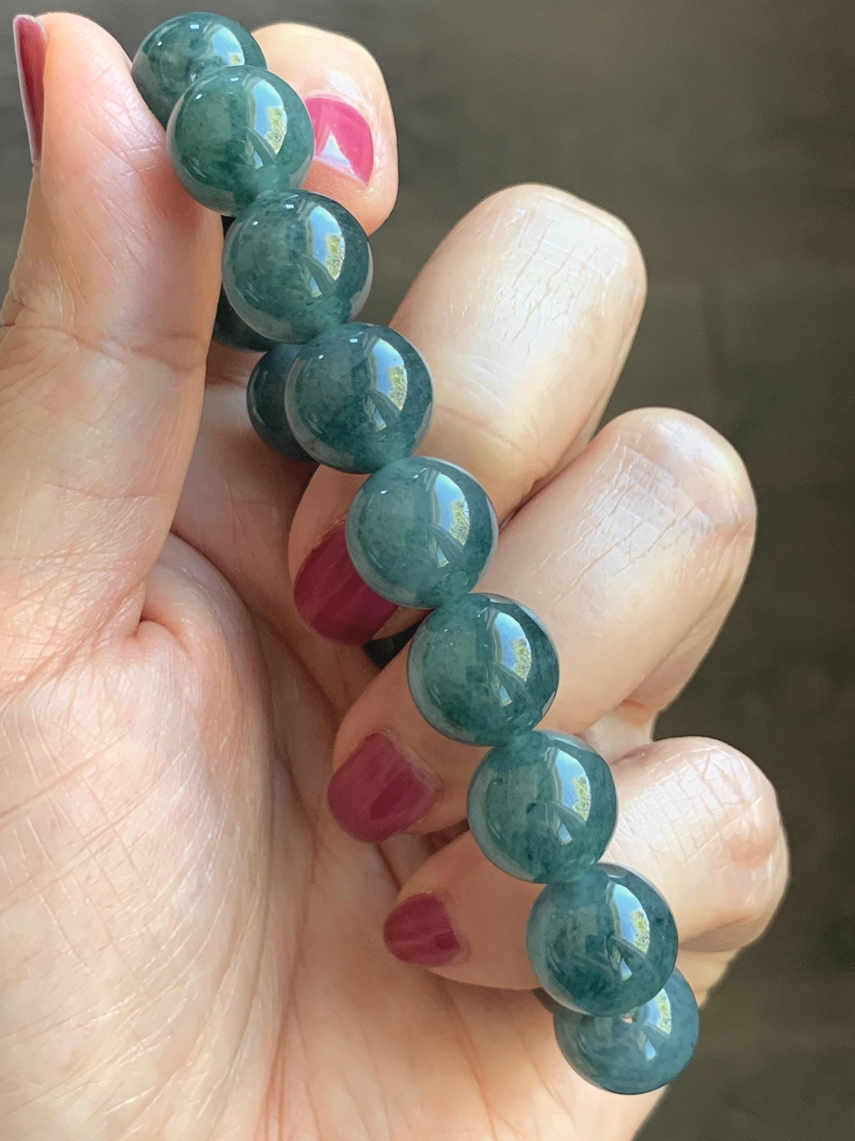 Certified Natural Grade A Guatemalan Icy Highly Translucent Teal Green Marble Jade Jadeite Beaded Bracelet 11.8mm 7.4” 48g 天然冰胶危蓝绿飘花翡翠手串 971