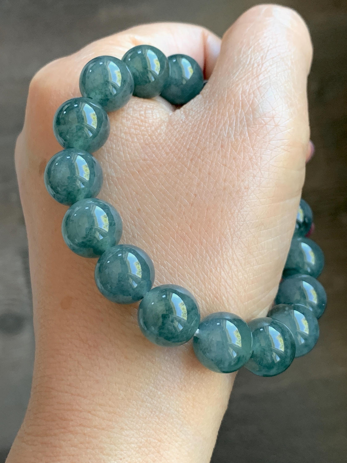 Certified Natural Grade A Guatemalan Icy Highly Translucent Teal Green Marble Jade Jadeite Beaded Bracelet 11.8mm 7.4” 48g 天然冰胶危蓝绿飘花翡翠手串 971