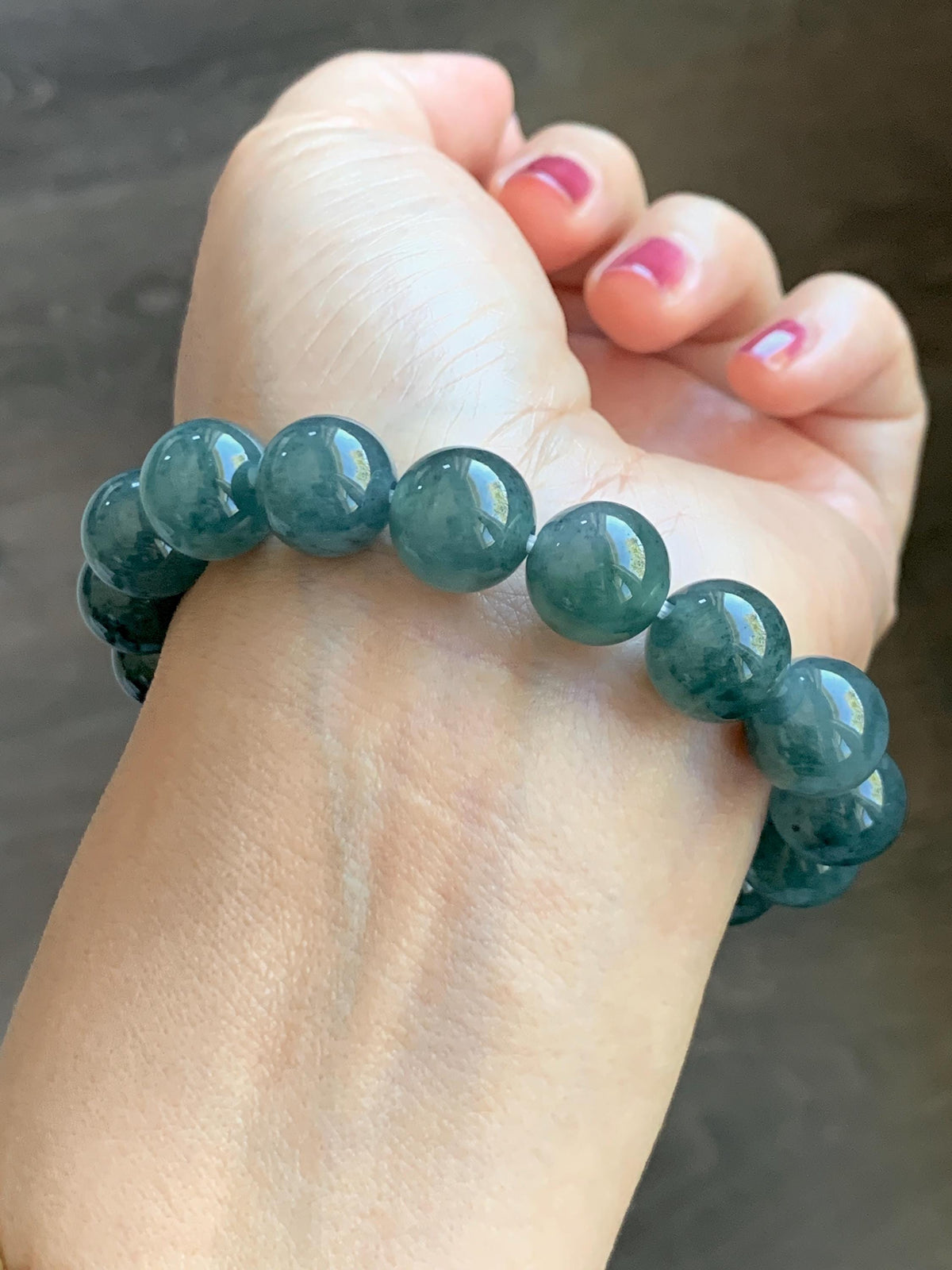 Certified Natural Grade A Guatemalan Icy Highly Translucent Teal Green Marble Jade Jadeite Beaded Bracelet 11.8mm 7.4” 48g 天然冰胶危蓝绿飘花翡翠手串 971