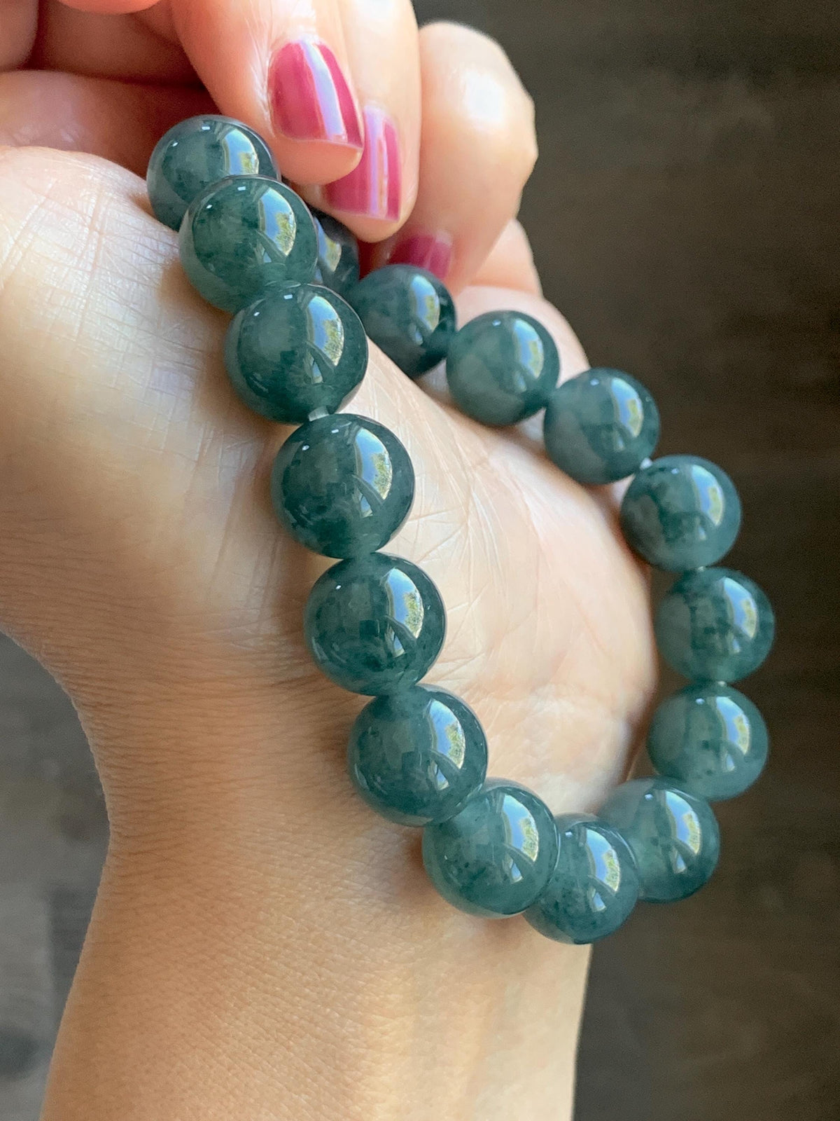 Certified Natural Grade A Guatemalan Icy Highly Translucent Teal Green Marble Jade Jadeite Beaded Bracelet 11.8mm 7.4” 48g 天然冰胶危蓝绿飘花翡翠手串 971