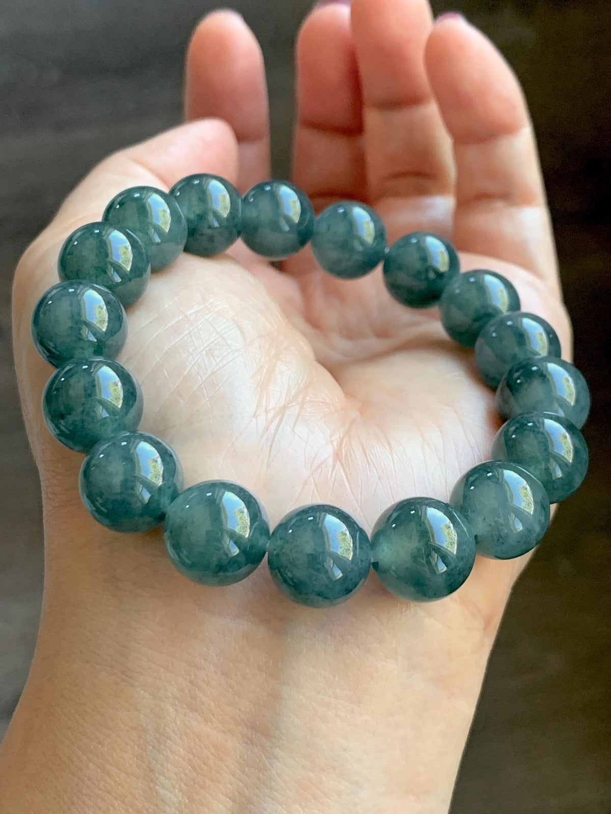 Certified Natural Grade A Guatemalan Icy Highly Translucent Teal Green Marble Jade Jadeite Beaded Bracelet 11.8mm 7.4” 48g 天然冰胶危蓝绿飘花翡翠手串 971