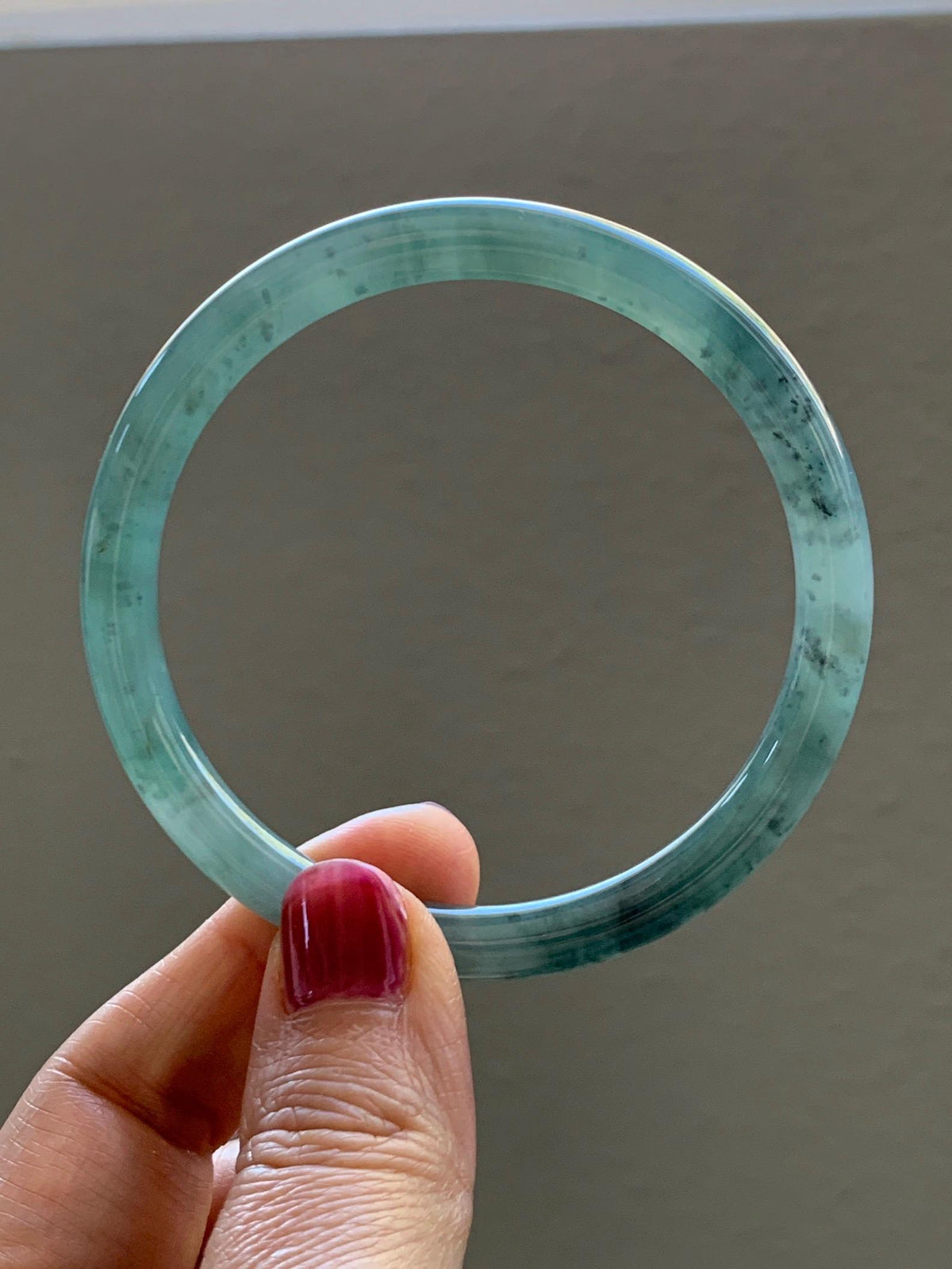 Certified Natural Grade A Guatemalan Icy Translucent Dusty Teal Green Wuji Jade Jadeite Bangle Bracelet 57.8mm 7.14” 27g 天然冰危暗蓝绿翡翠圆条手镯 977