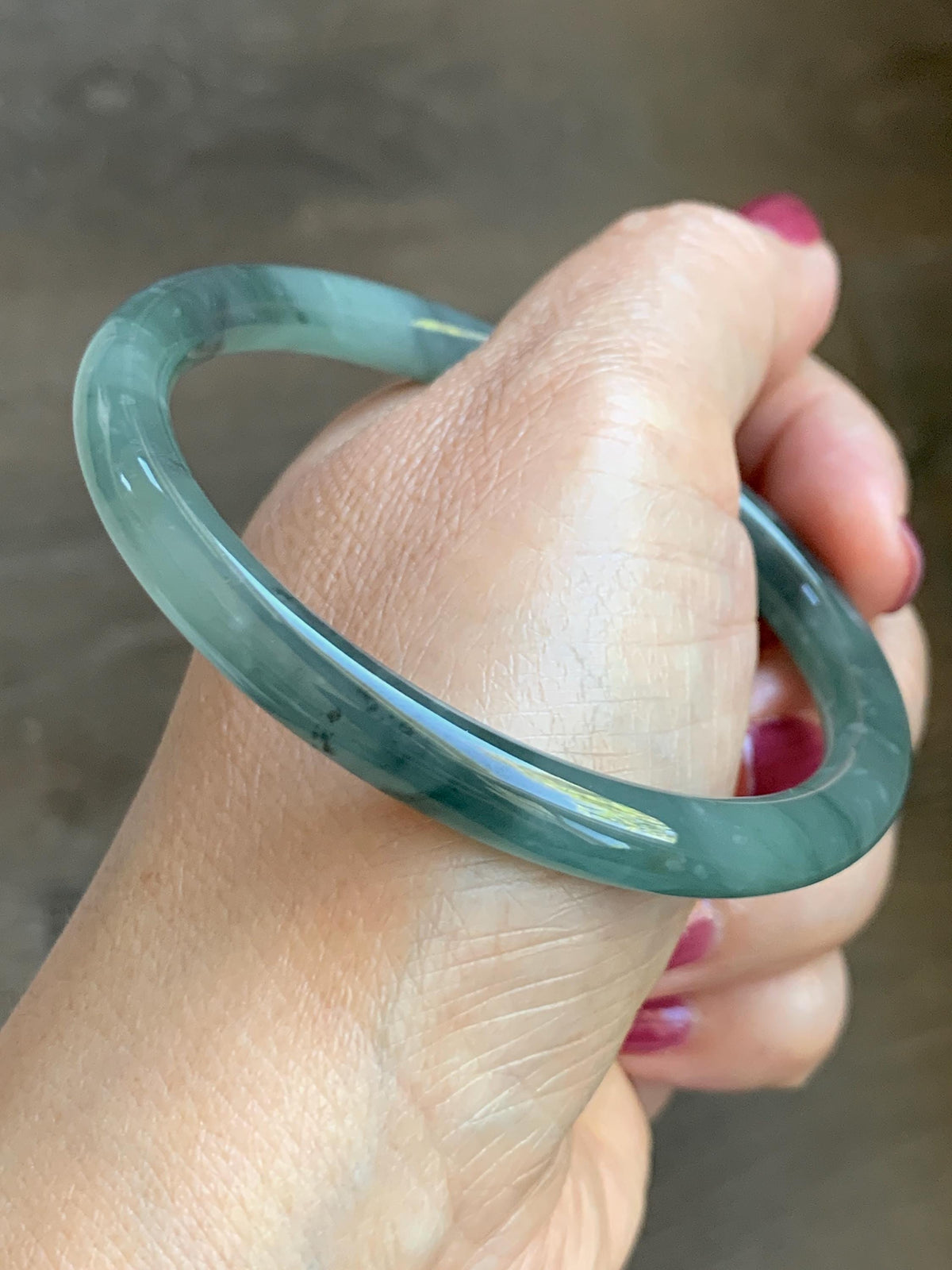 Certified Natural Grade A Guatemalan Icy Translucent Dusty Teal Green Wuji Jade Jadeite Bangle Bracelet 57.8mm 7.14” 27g 天然冰危暗蓝绿翡翠圆条手镯 977
