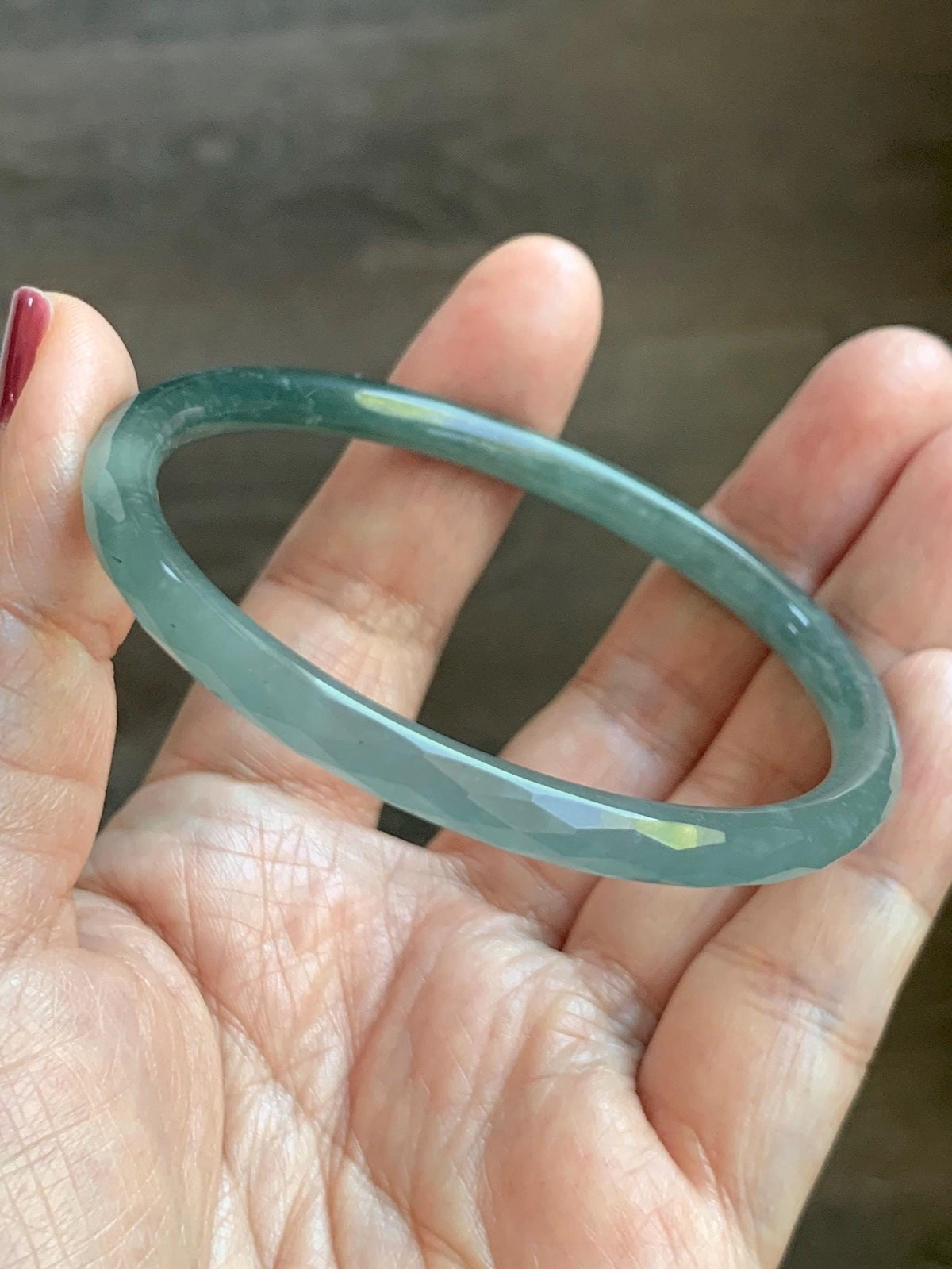 Certified Natural Grade A Guatemalan Icy Translucent Dusty Teal Jade Jadeite Diamond Faceted Slim Bangle 58.31mm 7.2” 天然冰危蓝绿翡翠细圆条切割面手镯 922