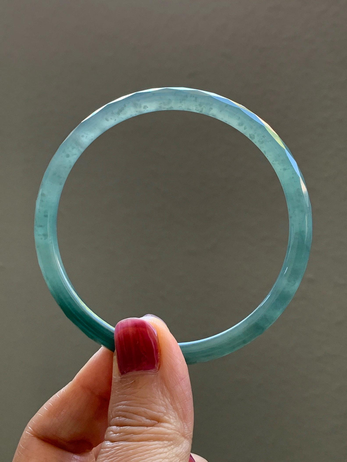 Certified Natural Grade A Guatemalan Icy Translucent Dusty Teal Jade Jadeite Diamond Faceted Slim Bangle 58.31mm 7.2” 天然冰危蓝绿翡翠细圆条切割面手镯 922