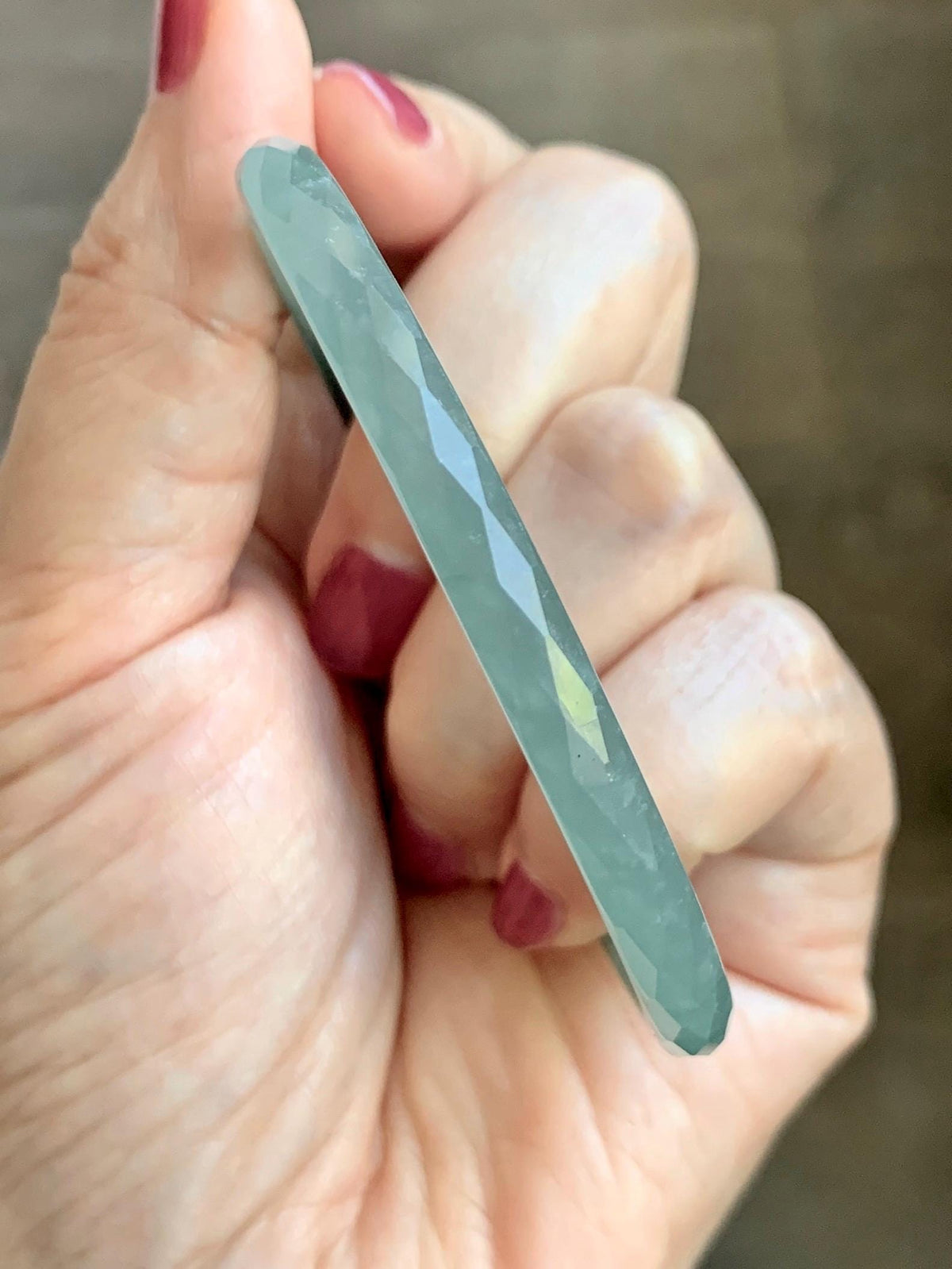Certified Natural Grade A Guatemalan Icy Translucent Dusty Teal Jade Jadeite Diamond Faceted Slim Bangle 58.31mm 7.2” 天然冰危蓝绿翡翠细圆条切割面手镯 922