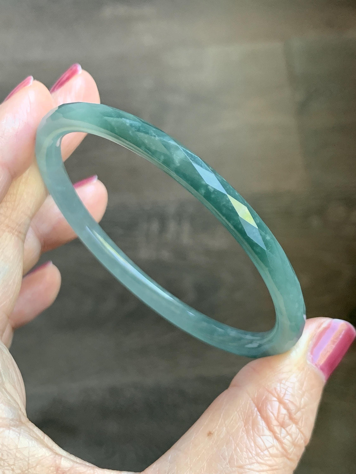 Certified Natural Grade A Guatemalan Icy Translucent Dusty Teal Jade Jadeite Diamond Faceted Slim Bangle 58.31mm 7.2” 天然冰危蓝绿翡翠细圆条切割面手镯 922