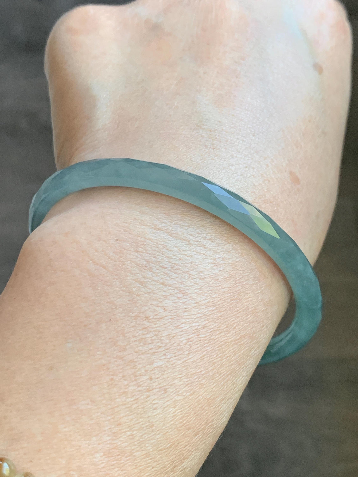 Certified Natural Grade A Guatemalan Icy Translucent Dusty Teal Jade Jadeite Diamond Faceted Slim Bangle 58.31mm 7.2” 天然冰危蓝绿翡翠细圆条切割面手镯 922