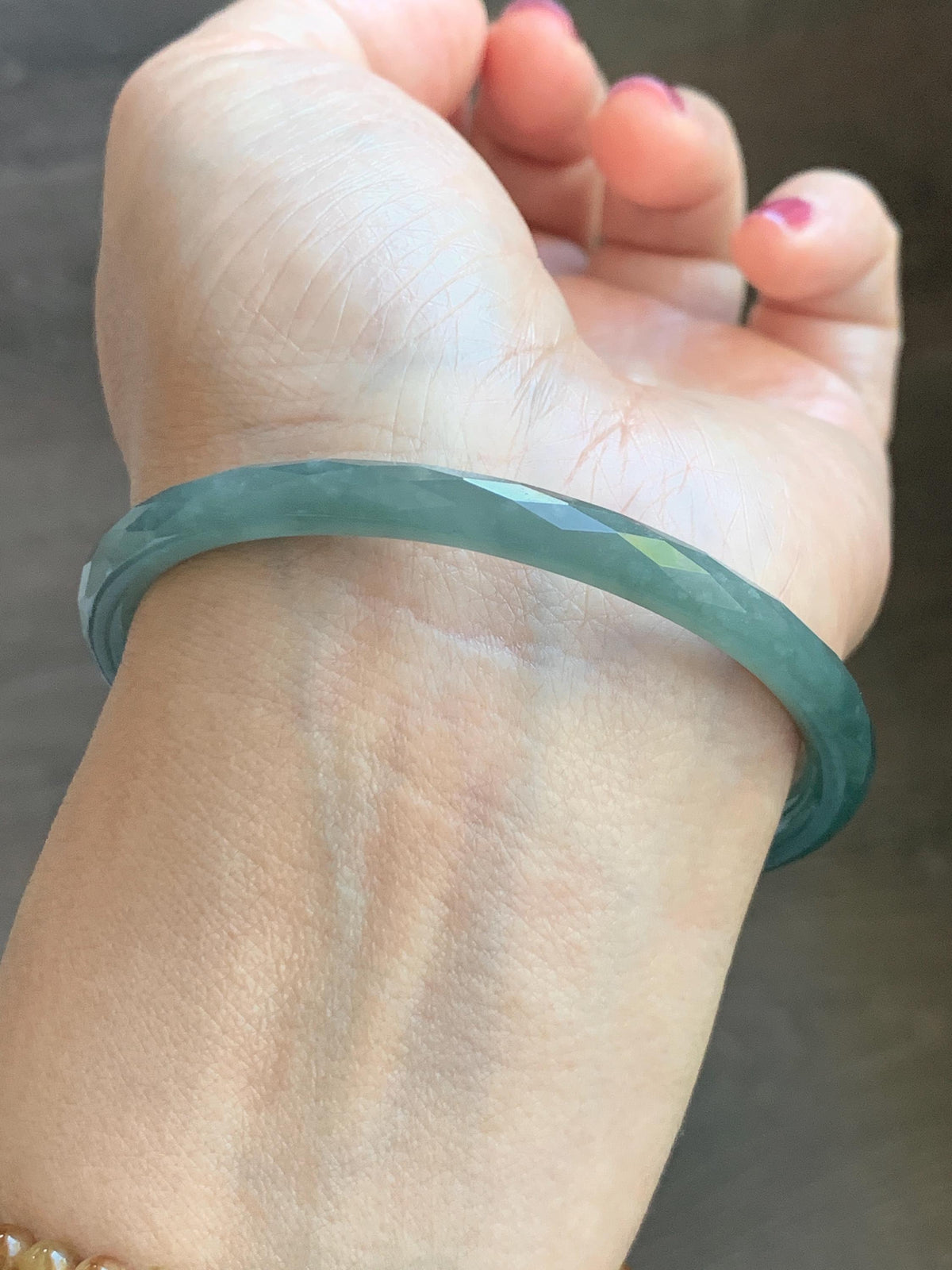 Certified Natural Grade A Guatemalan Icy Translucent Dusty Teal Jade Jadeite Diamond Faceted Slim Bangle 58.31mm 7.2” 天然冰危蓝绿翡翠细圆条切割面手镯 922