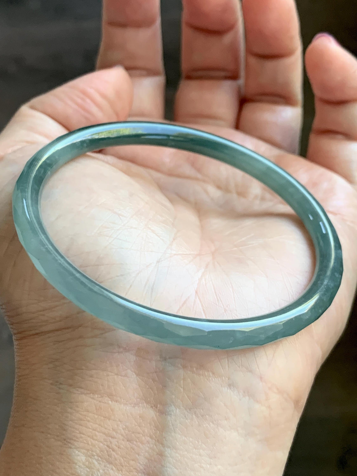 Certified Natural Grade A Guatemalan Icy Translucent Dusty Teal Jade Jadeite Diamond Faceted Slim Bangle 58.31mm 7.2” 天然冰危蓝绿翡翠细圆条切割面手镯 922