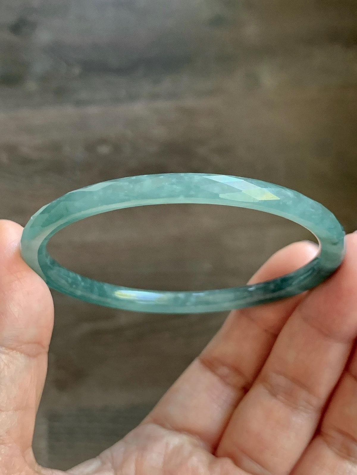 Certified Natural Grade A Guatemalan Icy Translucent Dusty Teal Jade Jadeite Diamond Faceted Slim Bangle 58mm 7.18” 16g 天然冰危蓝绿翡翠细圆条切割面手镯 923