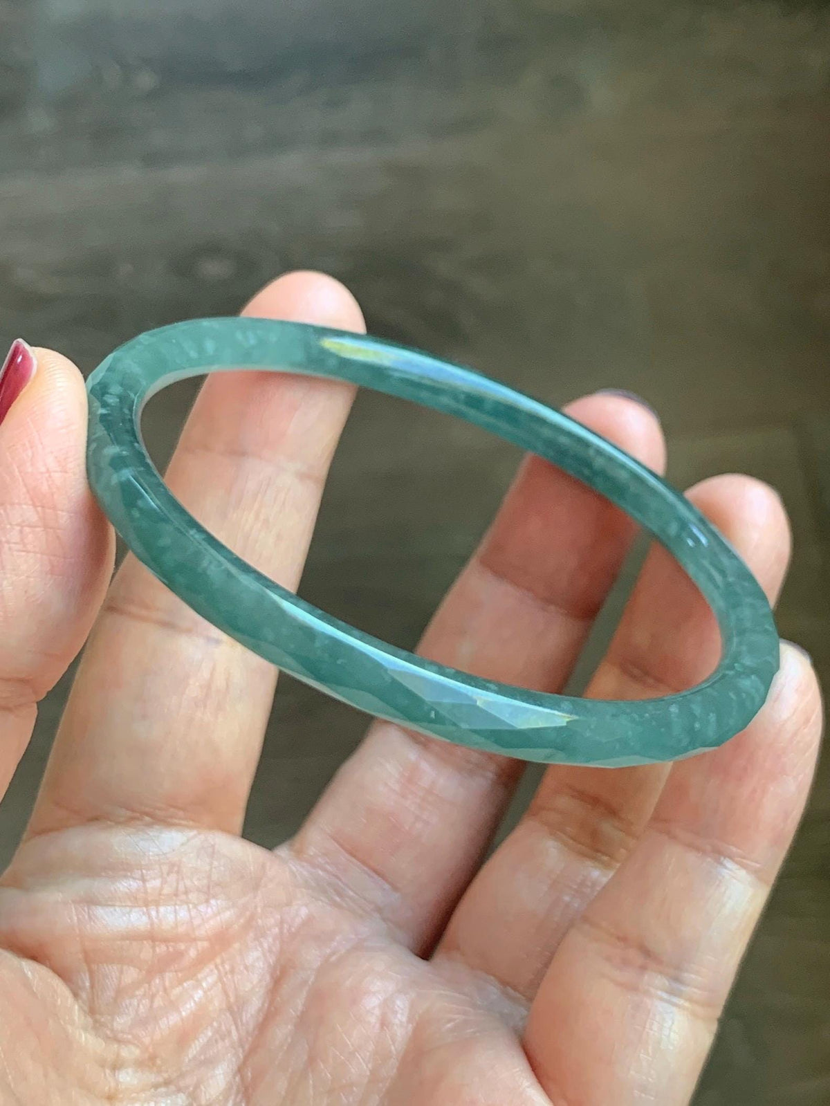 Certified Natural Grade A Guatemalan Icy Translucent Dusty Teal Jade Jadeite Diamond Faceted Slim Bangle 58mm 7.18” 16g 天然冰危蓝绿翡翠细圆条切割面手镯 923