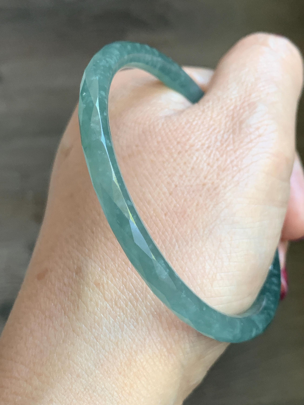 Certified Natural Grade A Guatemalan Icy Translucent Dusty Teal Jade Jadeite Diamond Faceted Slim Bangle 58mm 7.18” 16g 天然冰危蓝绿翡翠细圆条切割面手镯 923
