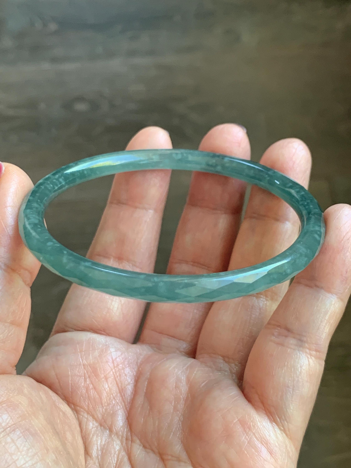 Certified Natural Grade A Guatemalan Icy Translucent Dusty Teal Jade Jadeite Diamond Faceted Slim Bangle 58mm 7.18” 16g 天然冰危蓝绿翡翠细圆条切割面手镯 923