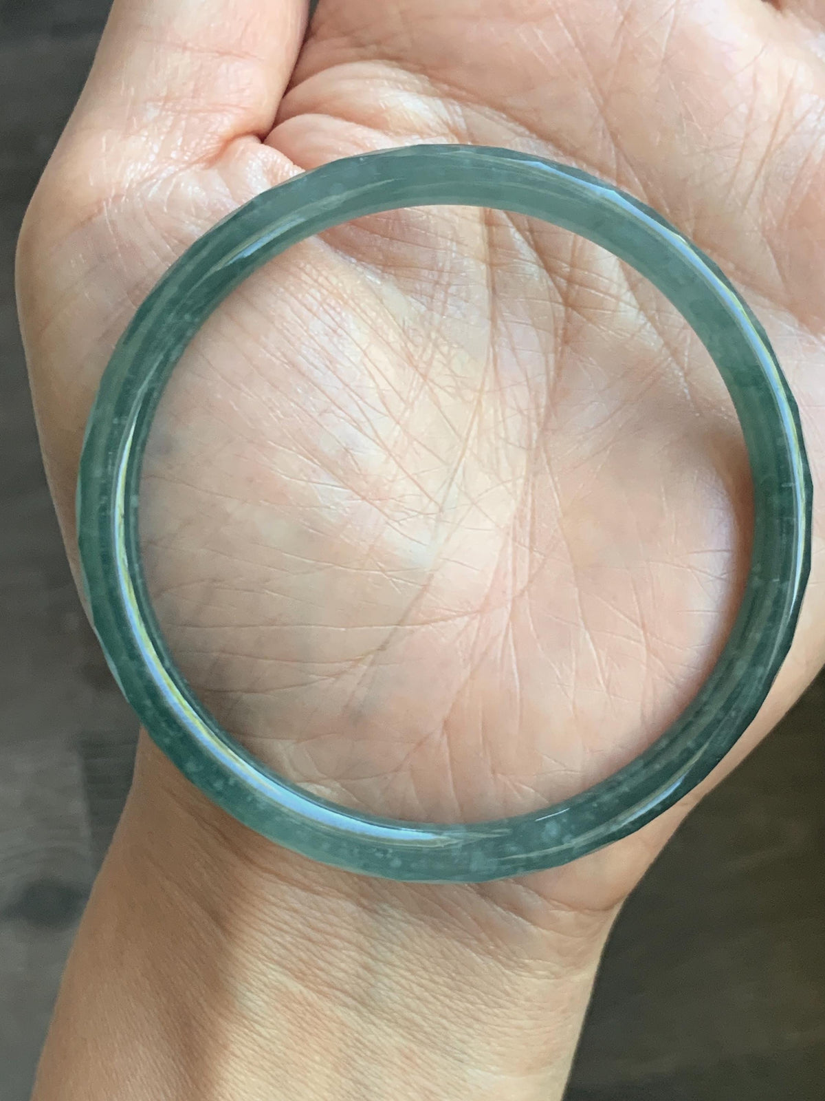 Certified Natural Grade A Guatemalan Icy Translucent Dusty Teal Jade Jadeite Diamond Faceted Slim Bangle 58mm 7.18” 16g 天然冰危蓝绿翡翠细圆条切割面手镯 923